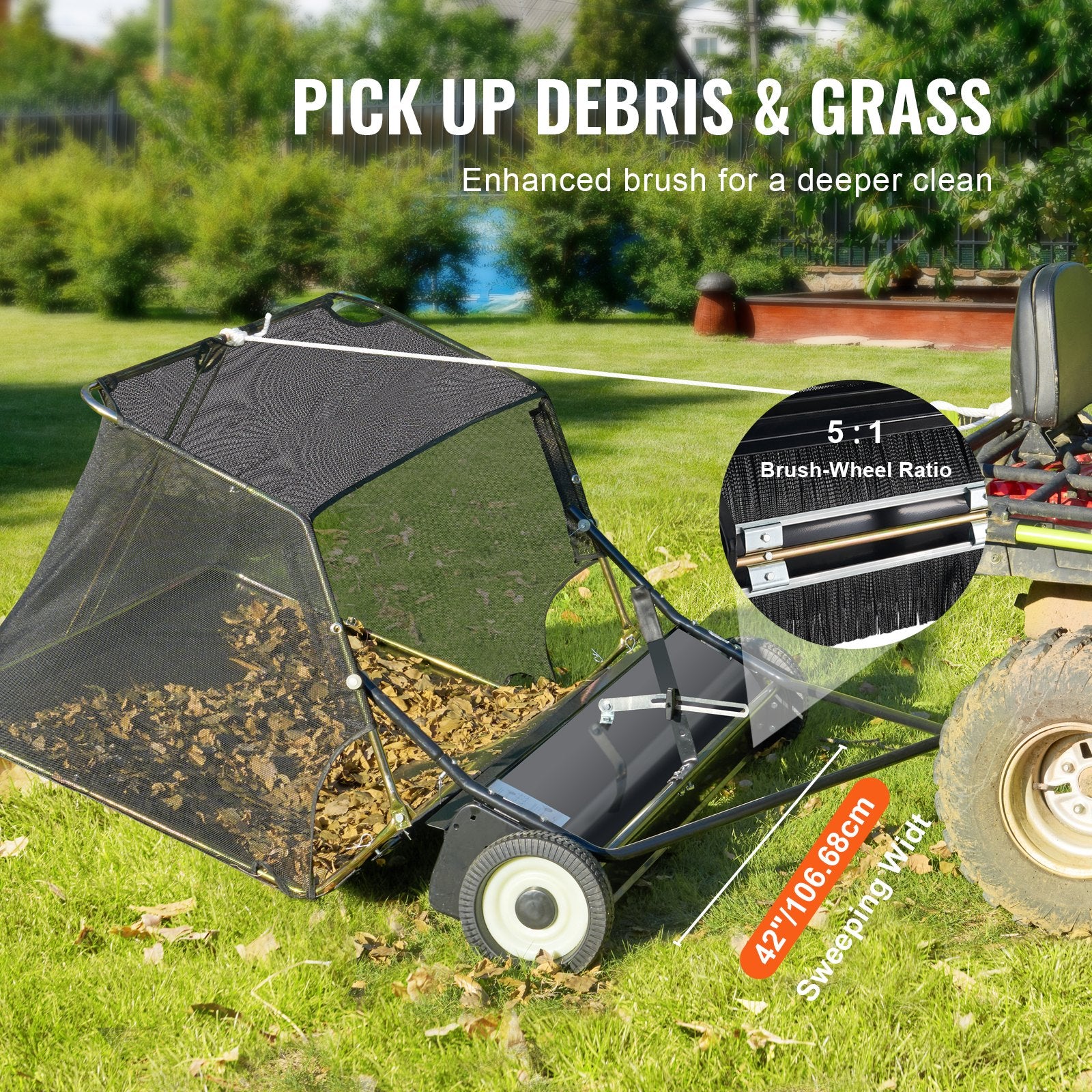 106.6 cm Lawn Sweeper Tow Behind, 12 cu.ft. Large Pull Behind Grass Sweeper, Heavy Duty Leaf & Grass Collector with Dumping Rope Design, Adjustable Sweeping Height for Picking Up Debris & Grass - Image 5