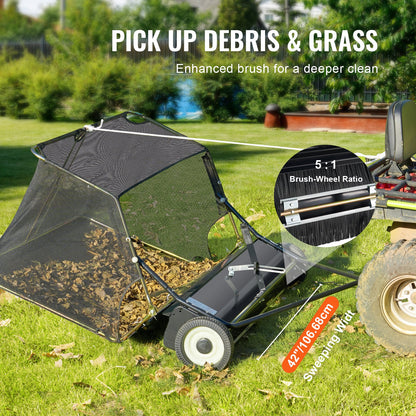 106.6 cm Lawn Sweeper Tow Behind, 12 cu.ft. Large Pull Behind Grass Sweeper, Heavy Duty Leaf & Grass Collector with Dumping Rope Design, Adjustable Sweeping Height for Picking Up Debris & Grass - Image 5
