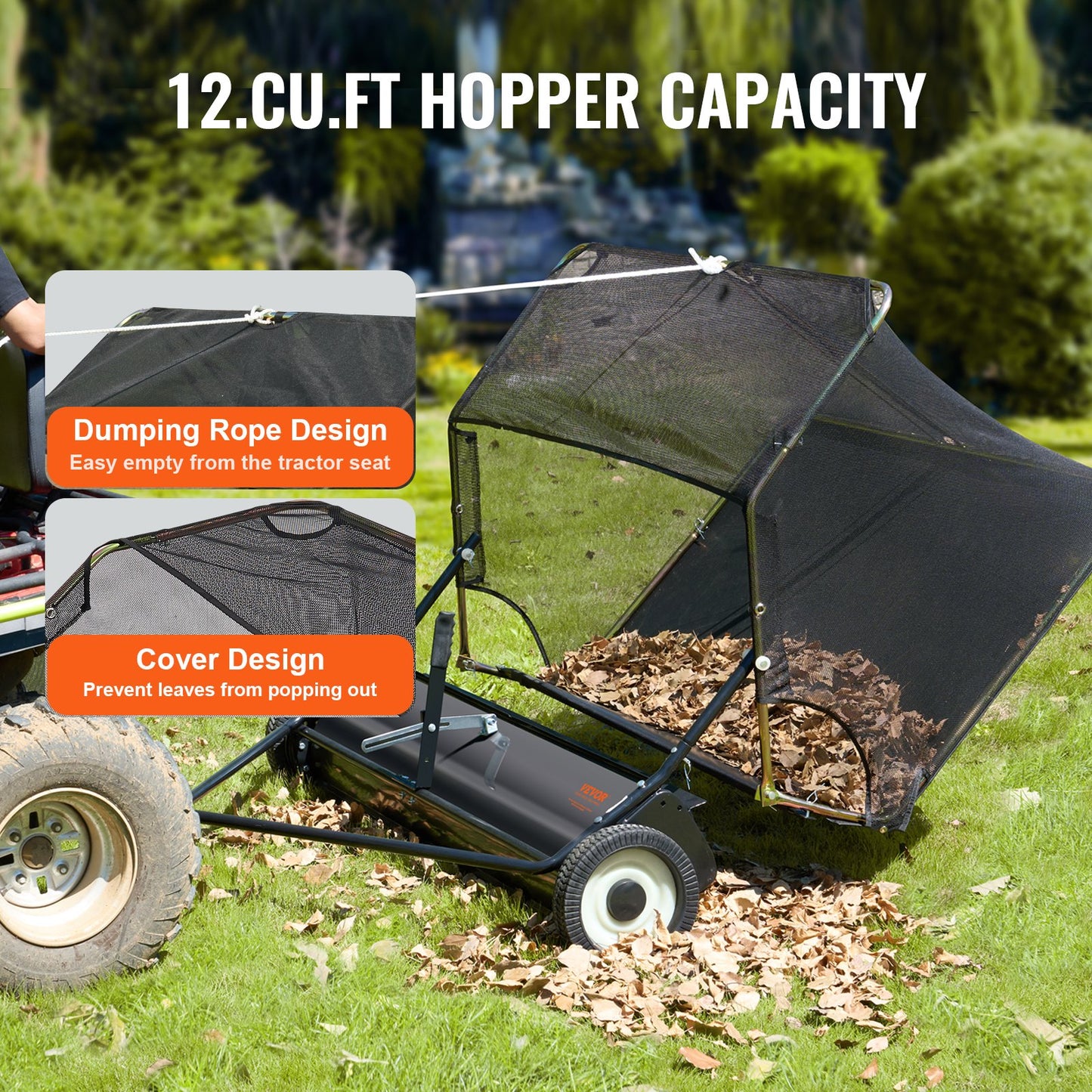 106.6 cm Lawn Sweeper Tow Behind, 12 cu.ft. Large Pull Behind Grass Sweeper, Heavy Duty Leaf & Grass Collector with Dumping Rope Design, Adjustable Sweeping Height for Picking Up Debris & Grass - Image 6