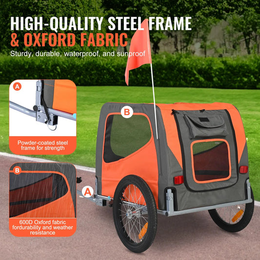 Dog Bike Trailer, Supports up to 30 kg, Pet Cart Bicycle Carrier, Easy Folding Frame with Quick Release Wheels, Universal Bicycle Coupler, Reflectors, Flag, Collapsible to Store, Orange/Gray - Image 3