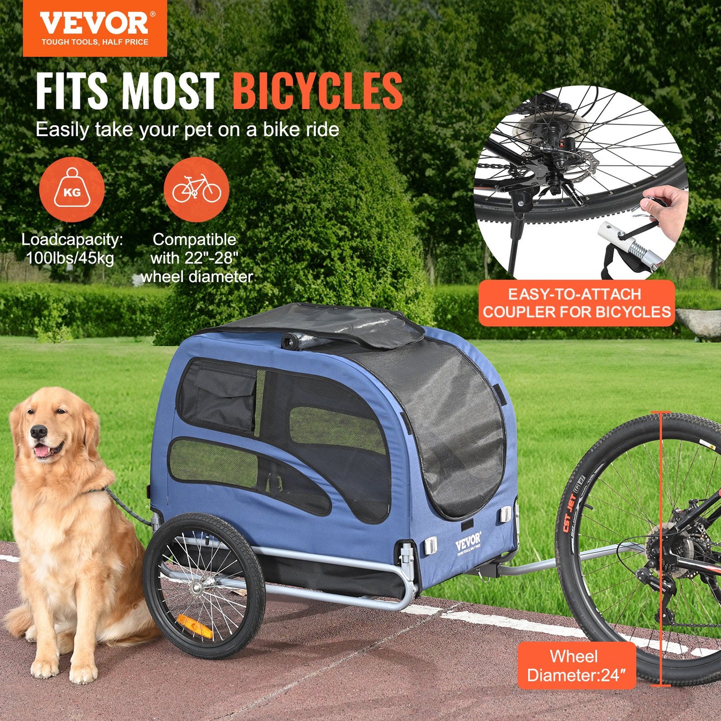 Dog Bike Trailer, Supports up to 45 kg, Pet Cart Bicycle Carrier, Easy Folding Frame with Quick Release Wheels, Universal Bicycle Coupler, Reflectors, Flag, Collapsible to Store, Blue/Black - Image 2