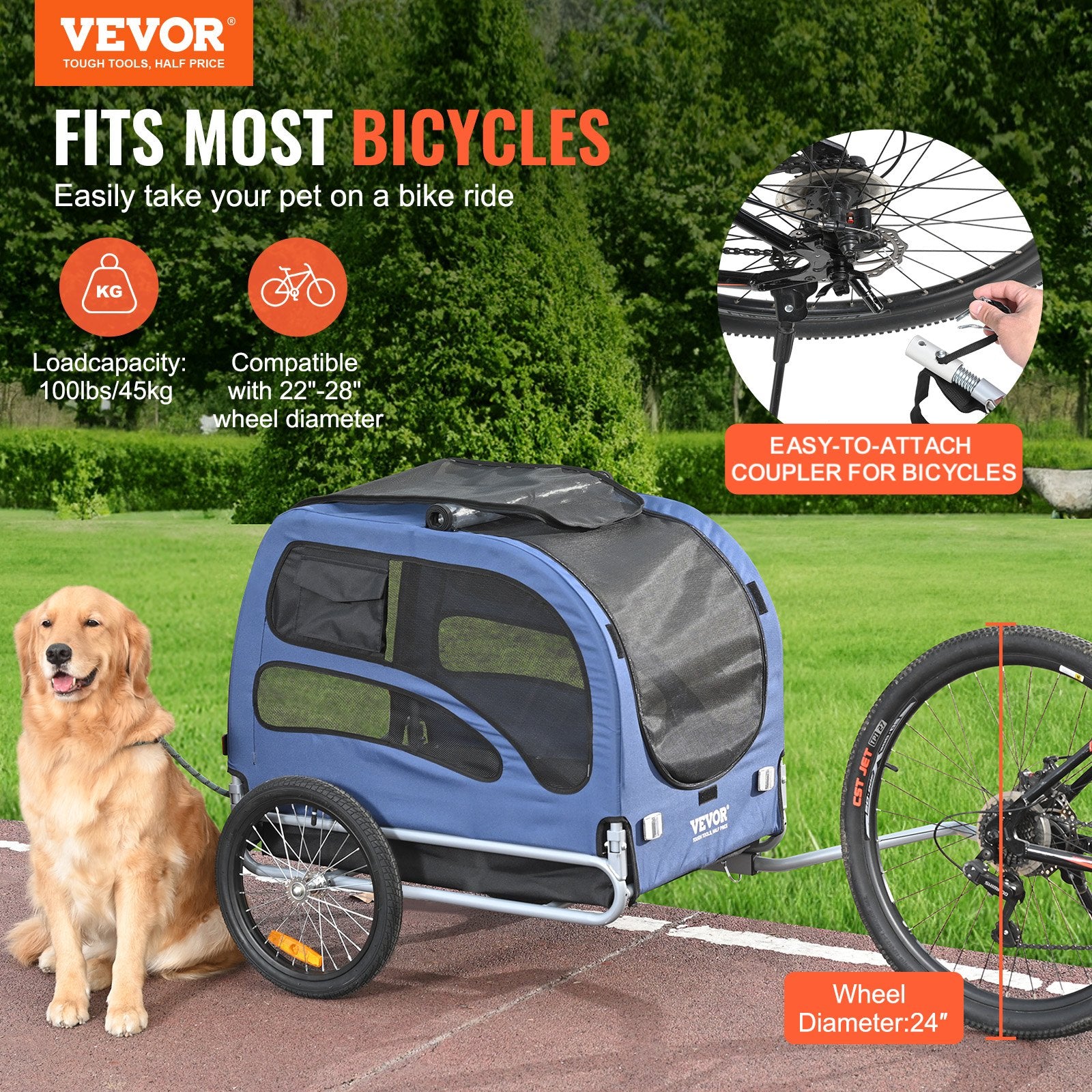 Dog Bike Trailer, Supports up to 45 kg, Pet Cart Bicycle Carrier, Easy Folding Frame with Quick Release Wheels, Universal Bicycle Coupler, Reflectors, Flag, Collapsible to Store, Blue/Black - Image 2