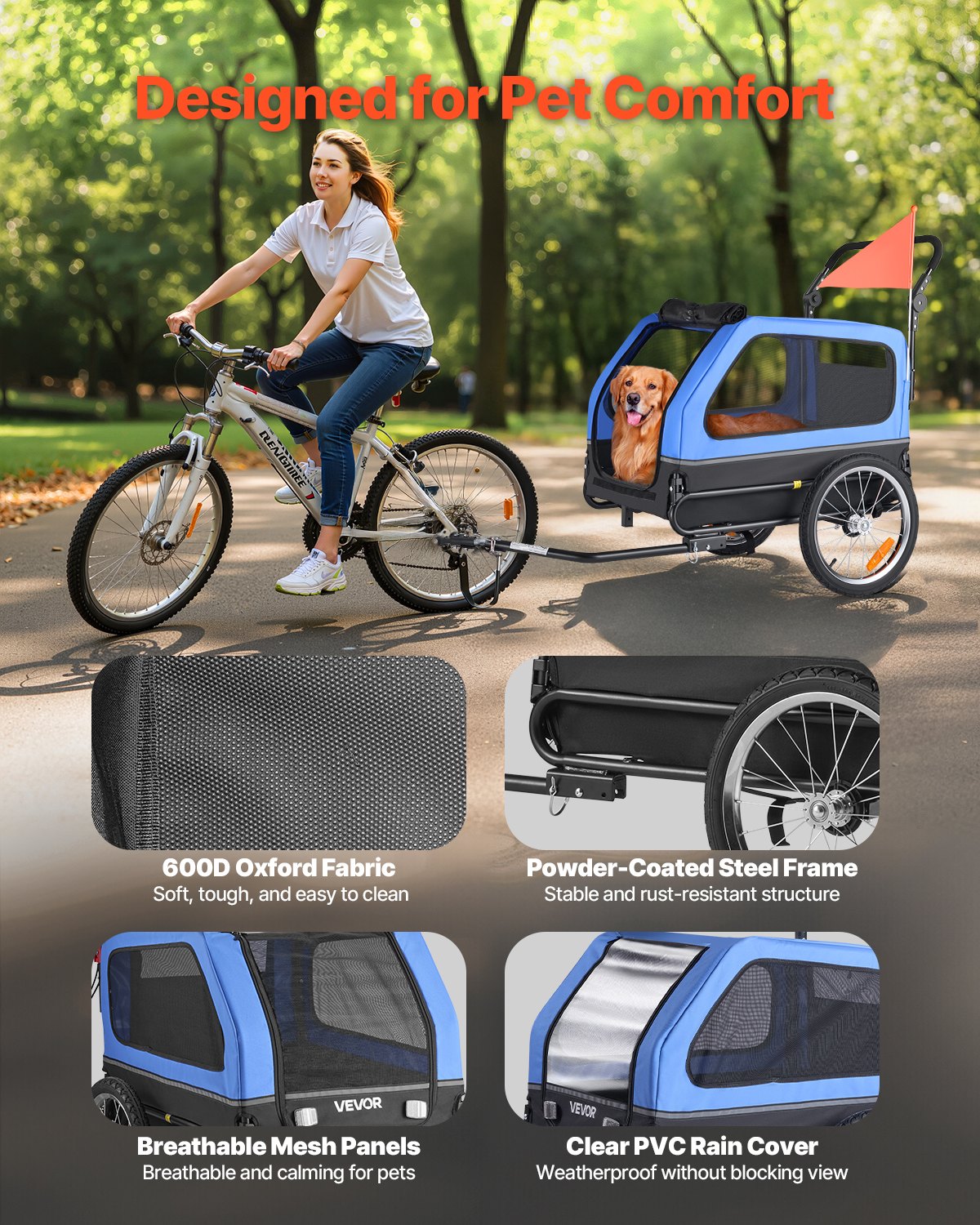 Dog Bike Trailer, Supports up to 40 kg, 2-in-1 Pet Stroller Cart Bicycle Carrier for Small & Large Dogs, Easy Folding Frame with Quick Release Wheel, Universal Bicycle Coupler, Internal Leash - Image 4