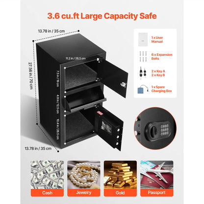 3.6 Cubic Feet Drop Safe, Large Capacity Front Drop Slot Safe Box with Digital Keypad, Heavy Duty 3 Tiers Cash Depository Box with Spare Keys for Cash, Bank Slip, Jewelry, Document, Bill, Black - Image 3