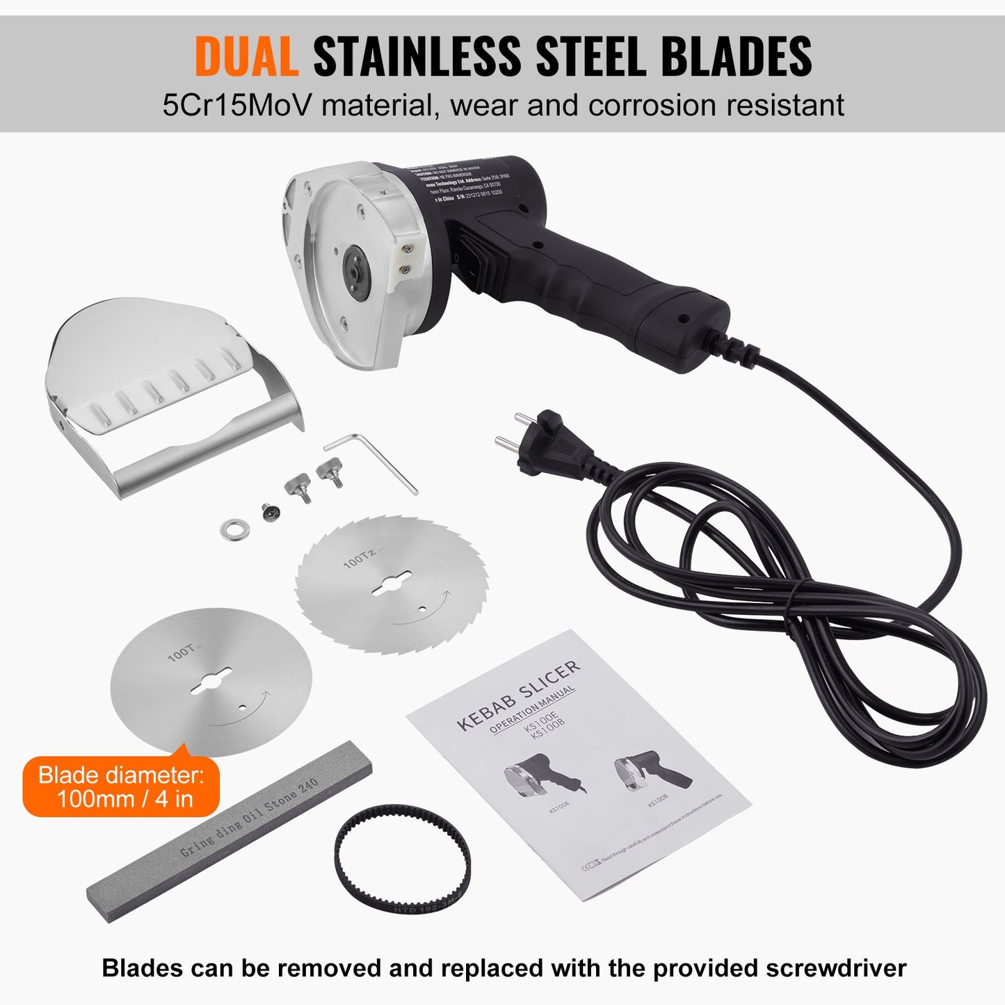 Electric Shawarma Knife, 80W Professional Turkish Kebab Knife, Commercial Stainless Steel Gyro Cutter, Doner Kebab Meat Slicer with 2 Blades, 100mm Blade Diameter, 0-8mm Adjustable Thickness - Image 4