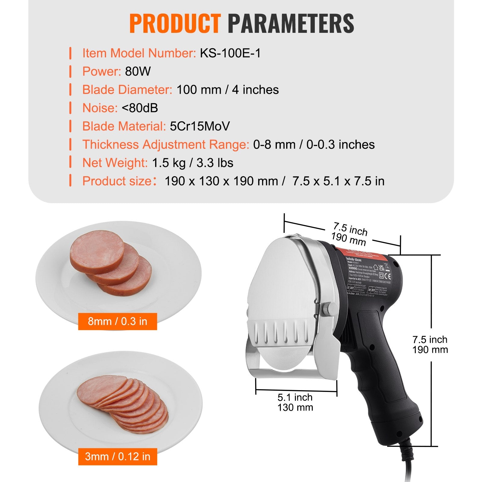 Electric Shawarma Knife, 80W Professional Turkish Kebab Knife, Commercial Stainless Steel Gyro Cutter, Doner Kebab Meat Slicer with 2 Blades, 100mm Blade Diameter, 0-8mm Adjustable Thickness - Image 7