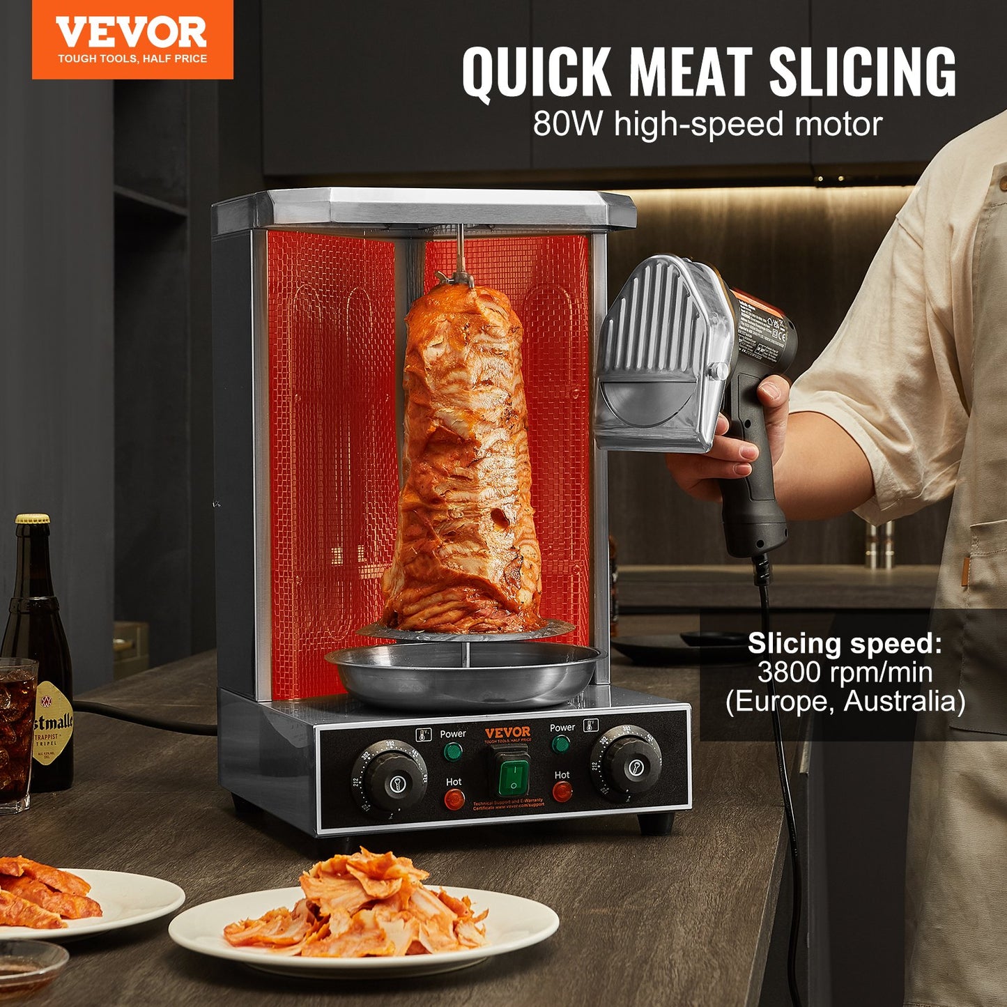 Electric Shawarma Knife, 80W Professional Turkish Kebab Knife, Commercial Stainless Steel Gyro Cutter, Doner Kebab Meat Slicer with 2 Blades, Φ4"/100mm Blade Diameter, 0-8mm Adjustable Thickness - Image 2