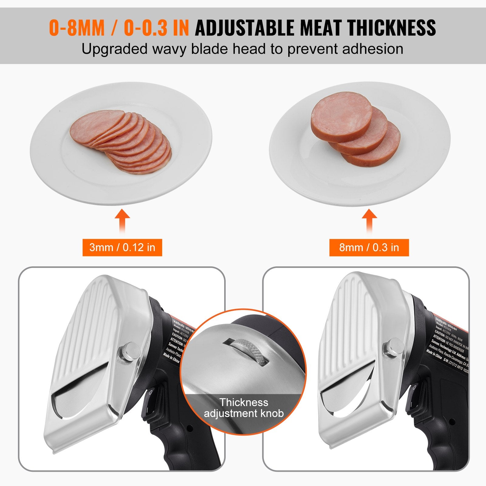 Electric Shawarma Knife, 80W Professional Turkish Kebab Knife, Commercial Stainless Steel Gyro Cutter, Doner Kebab Meat Slicer with 2 Blades, Φ4"/100mm Blade Diameter, 0-8mm Adjustable Thickness - Image 3