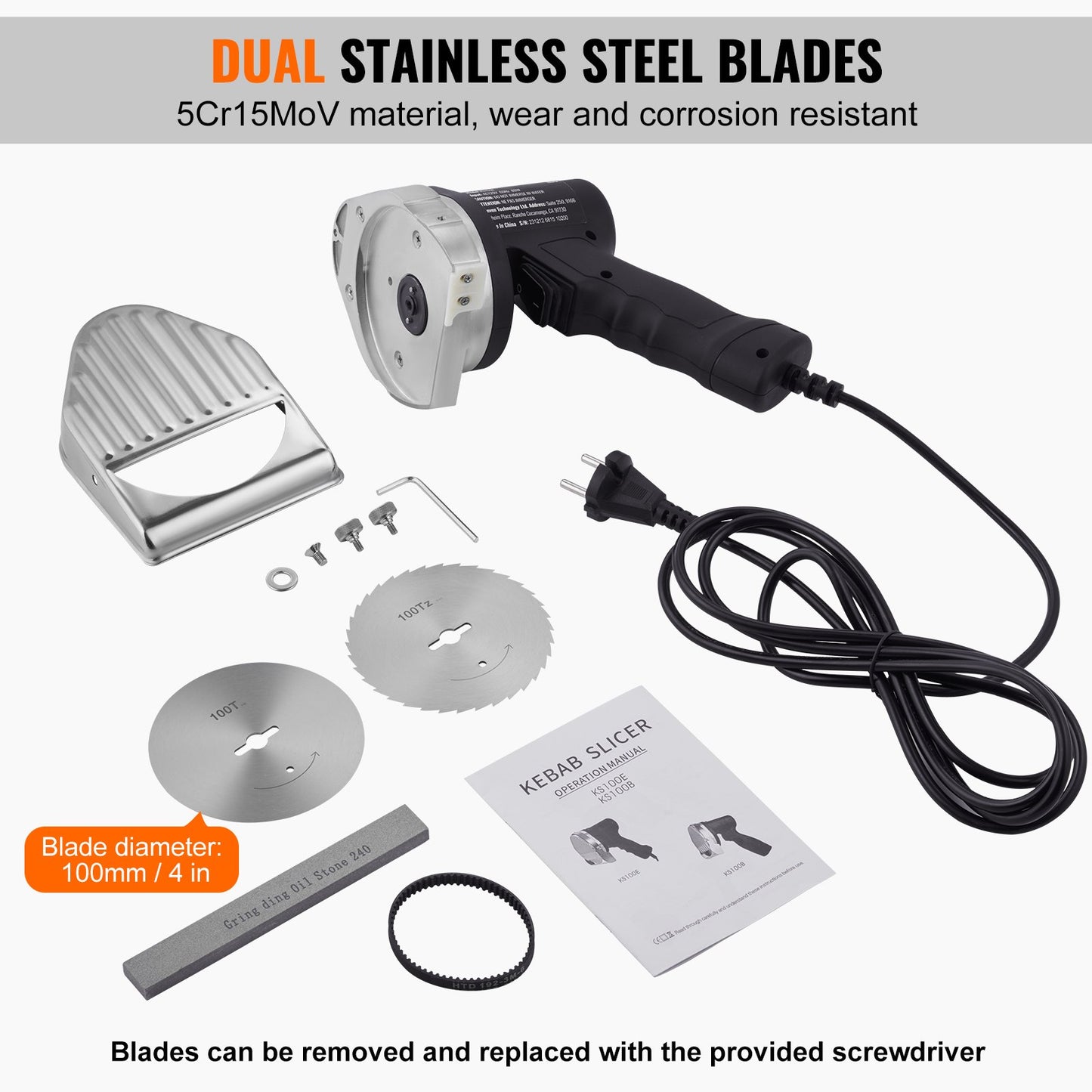 Electric Shawarma Knife, 80W Professional Turkish Kebab Knife, Commercial Stainless Steel Gyro Cutter, Doner Kebab Meat Slicer with 2 Blades, Φ4"/100mm Blade Diameter, 0-8mm Adjustable Thickness - Image 4