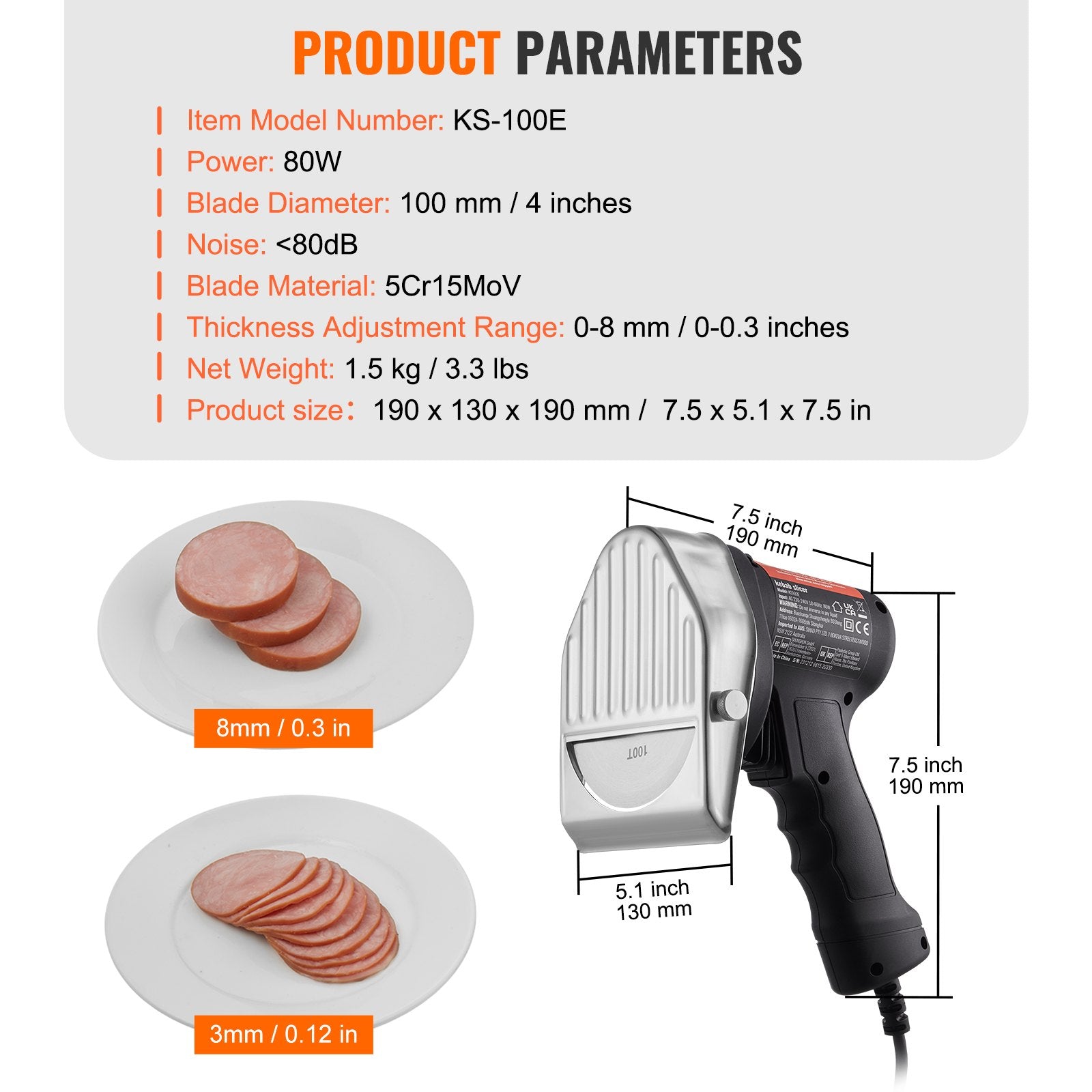 Electric Shawarma Knife, 80W Professional Turkish Kebab Knife, Commercial Stainless Steel Gyro Cutter, Doner Kebab Meat Slicer with 2 Blades, Φ4"/100mm Blade Diameter, 0-8mm Adjustable Thickness - Image 7