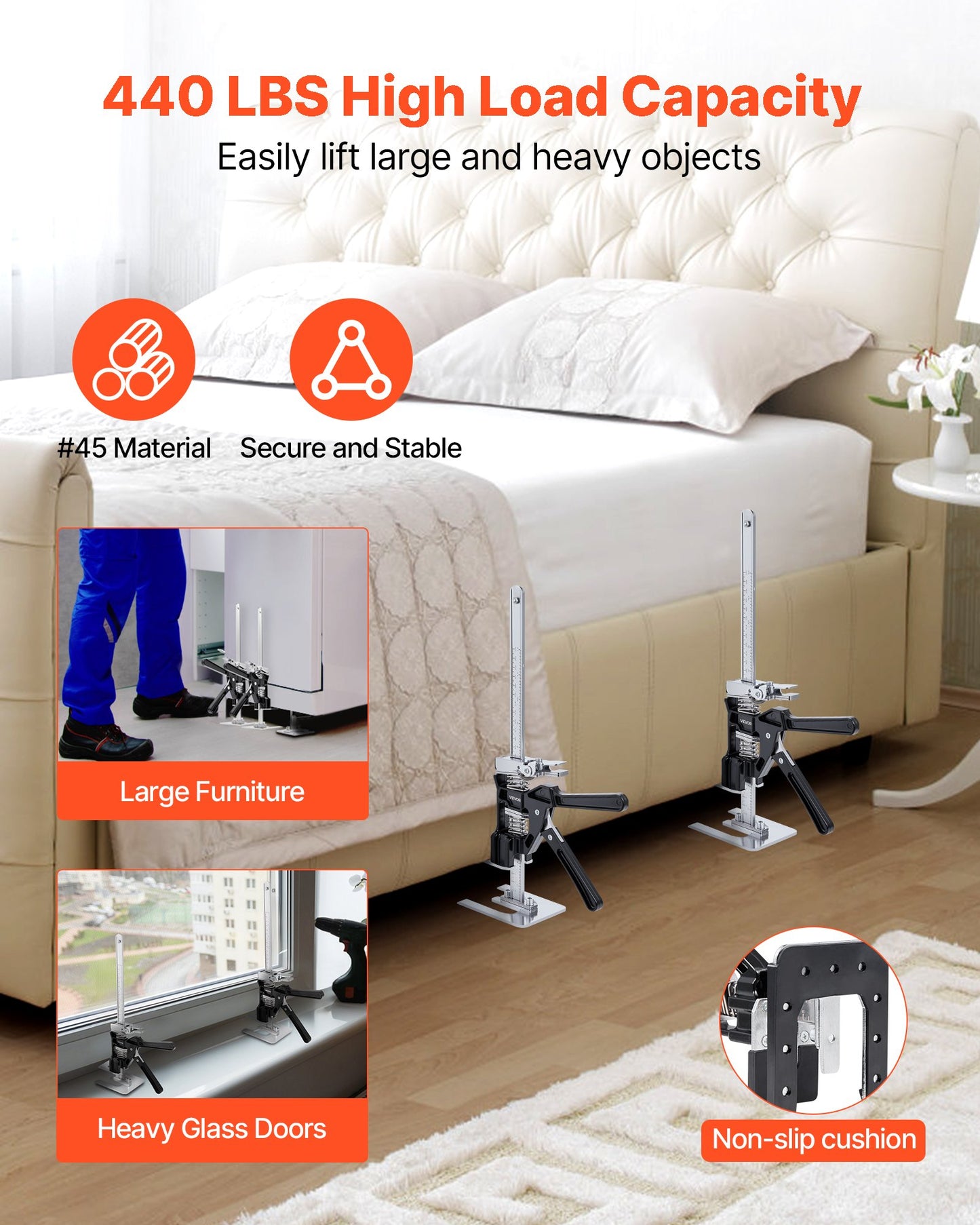 Labor Saving Arm Jack, 2 PCS 200 kg Bearing Capacity, Lifting up to 235 mm, Metal Hand Lifting Jack Tool with Magnetic Level, 2 Adjustment Modes, for Door, Window, Furniture, Woodworking, Black - Image 3