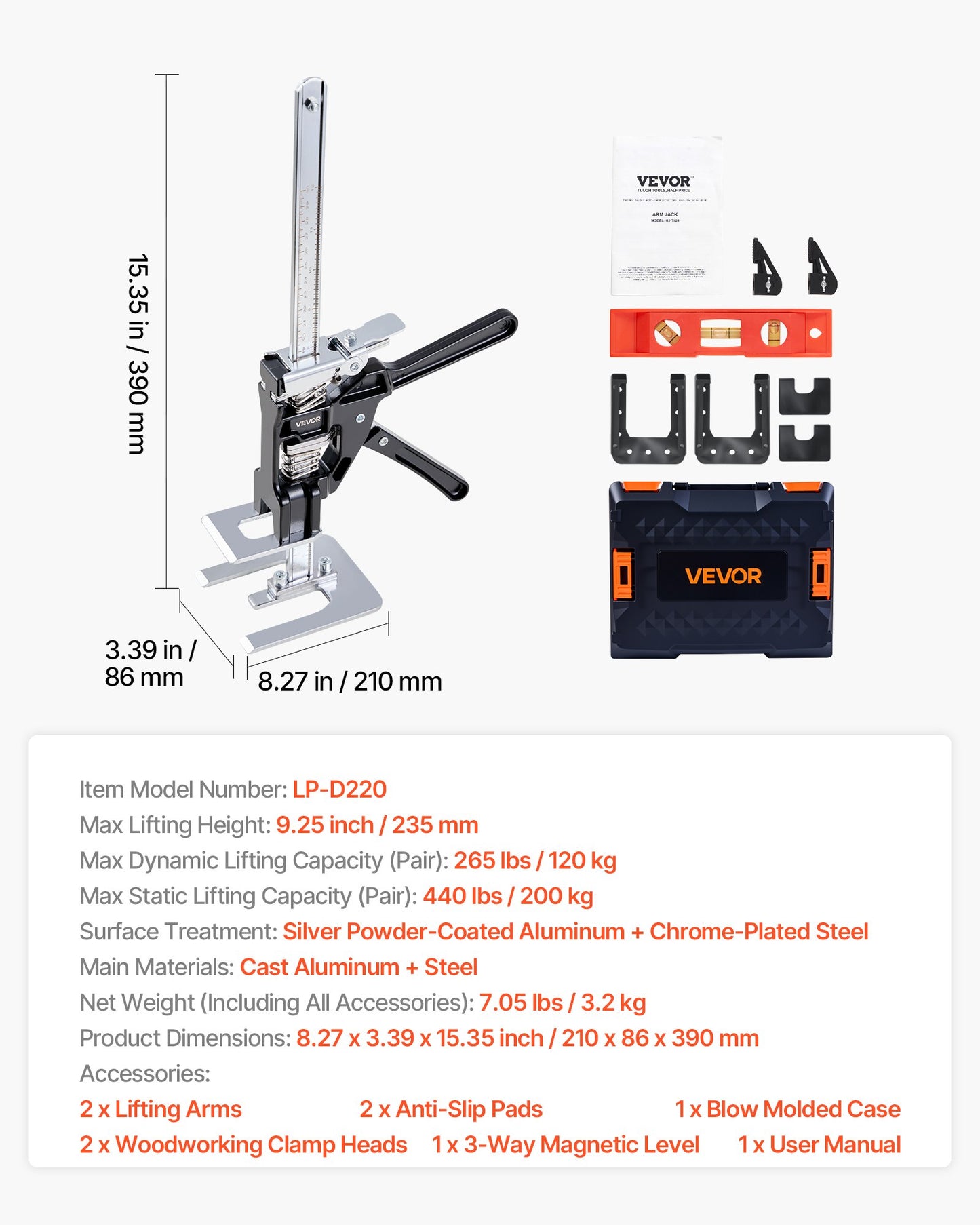 Labor Saving Arm Jack, 2 PCS 200 kg Bearing Capacity, Lifting up to 235 mm, Metal Hand Lifting Jack Tool with Magnetic Level, 2 Adjustment Modes, for Door, Window, Furniture, Woodworking, Black - Image 7