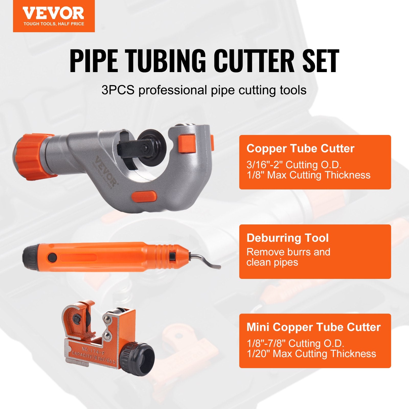 3PCS Tubing Cutter Set, 3/16"-2" O.D. Copper Pipe Cutter, 1/8"-7/8" O.D. Mini Tube Cutter and Deburring Tool, Heavy Duty Pipe Cutter Set for Copper, Aluminum, Stainless Steel, Plastic Pipes - Image 2