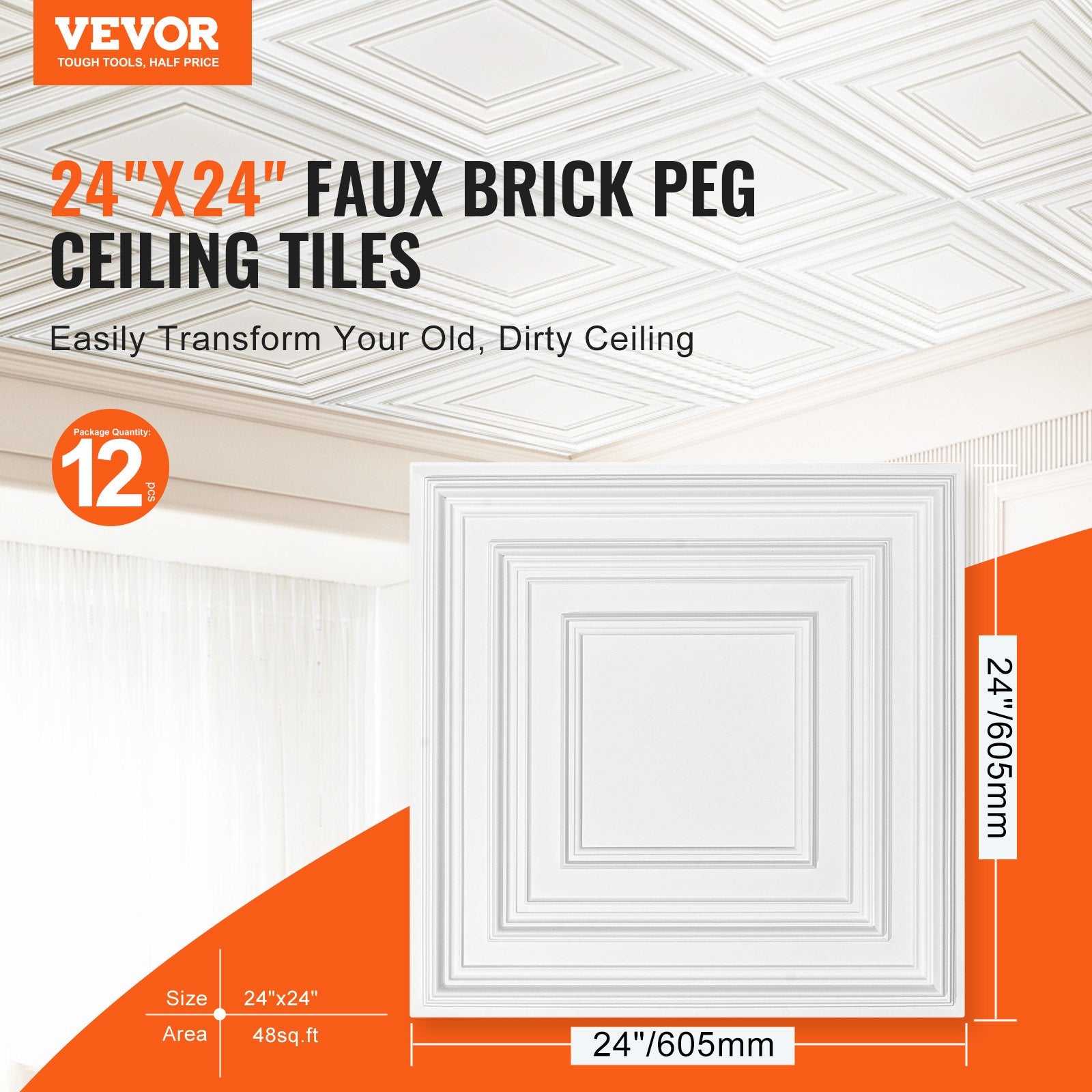 Ceiling Tiles 12-Pack 24 x 24 in PVC Easy Installation White Peg Pattern - Image 2