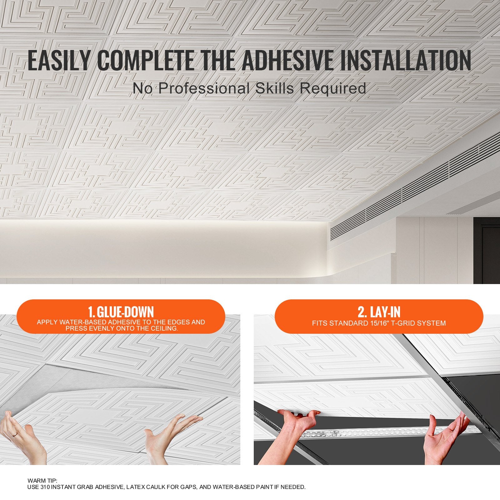 Ceiling Tiles 12-Pack 24 x 24 in PVC Easy Installation White Echo Pattern - Image 5