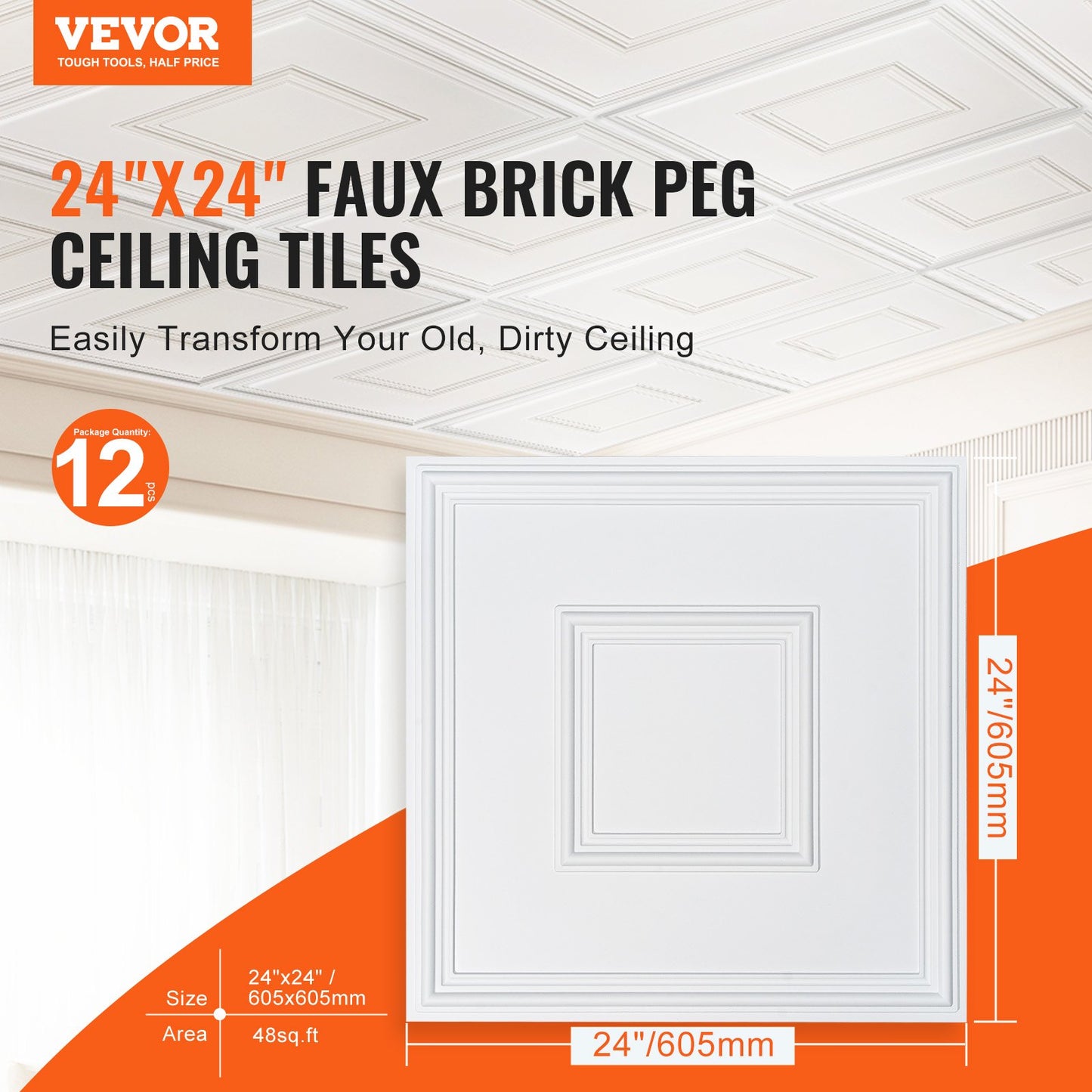 Ceiling Tiles 12-Pack 24 x 24 in PVC Easy Installation White Geometric - Image 2