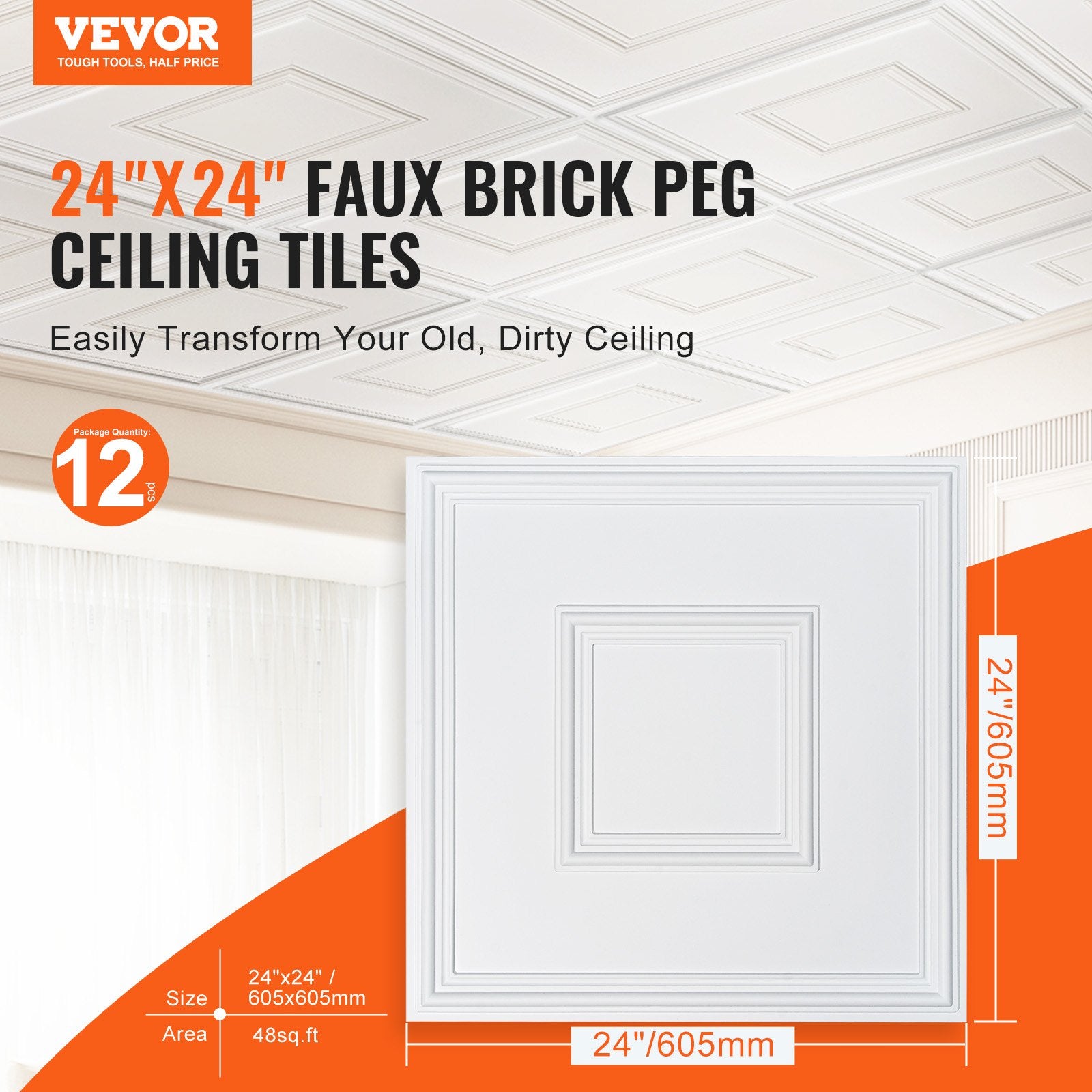 Ceiling Tiles 12-Pack 24 x 24 in PVC Easy Installation White Geometric - Image 2