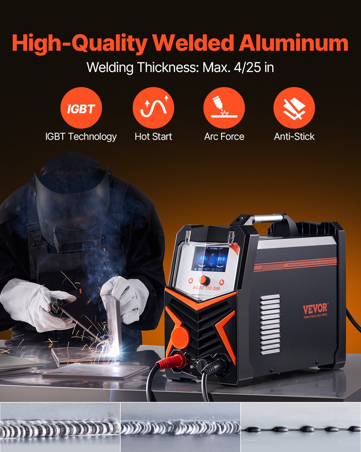 TIG Welder, 200A 6-In-1 Aluminum Welding Machine (LED Display) - AC TIG/DC TIG/AC Pulse TIG/DC Pulse TIG/Spot TIG/MMA(Stick), Electric Welder with Synergic Control IGBT - Image 4