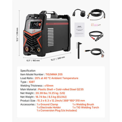 TIG Welder, 205A 3-In-1 Welding Machine (Large LED Display)- DC TIG/DC Pulse TIG/MMA(Stick), Electric Welder with IGBT Inverter High-Frequency Start - Image 7