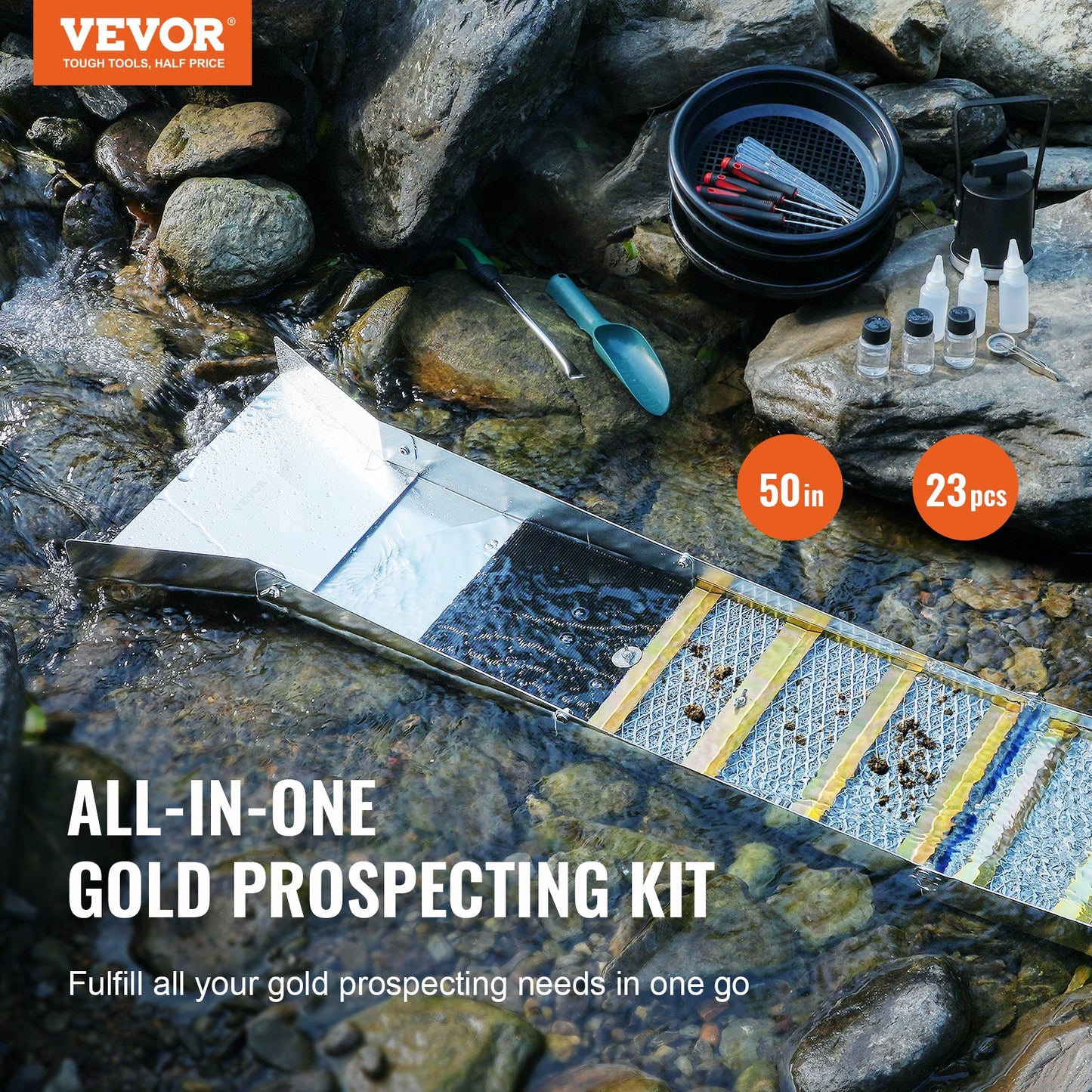 Gold Panning Kit With Sluice Box, 50" Aluminum Gold Mining Equipment, 23 PCS Gold Prospecting Kit with Gold Pan, Classifier Screen, Separating Magnet, Drawstring Backpack and Accessories - Image 2