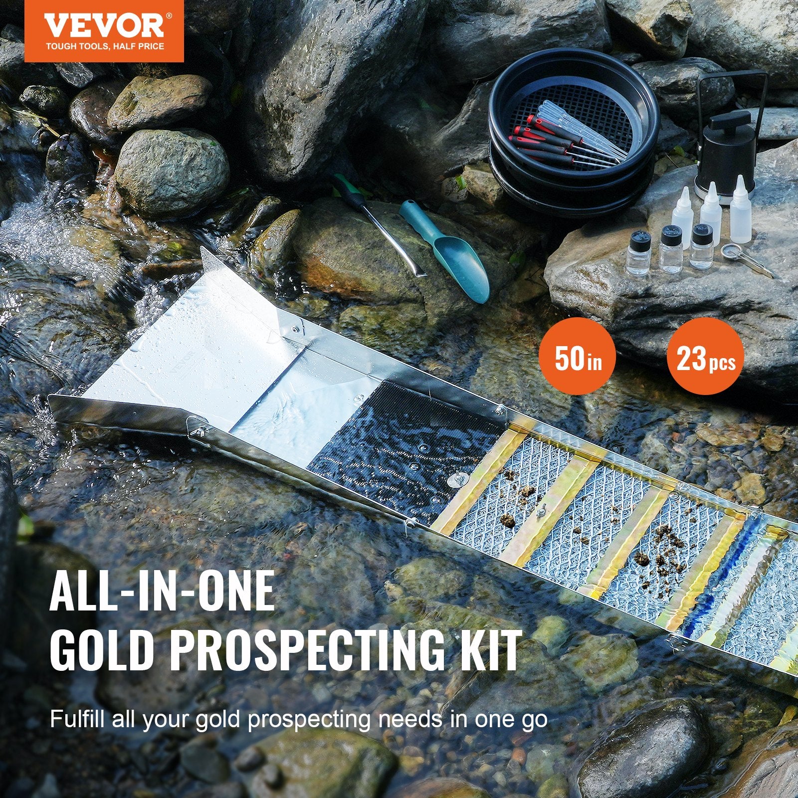Gold Panning Kit With Sluice Box, 50" Aluminum Gold Mining Equipment, 23 PCS Gold Prospecting Kit with Gold Pan, Classifier Screen, Separating Magnet, Drawstring Backpack and Accessories - Image 2