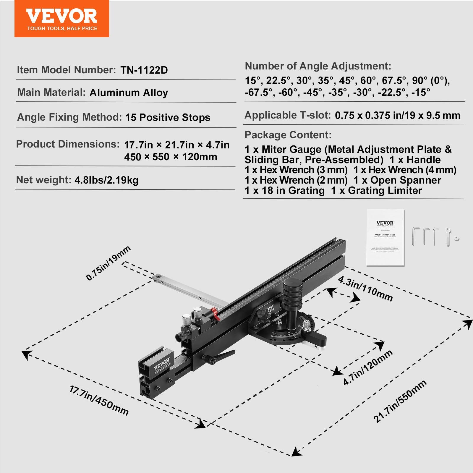 Precision Miter Gauge, Standard Slot 3/4'' x 3/8'', Aluminum Alloy Table Saw Miter Gauge with 19-35 in Grating 15 Angle Stops Adjustable Spring Loaded Plunger and Removable Disc, for Woodworking - Image 7