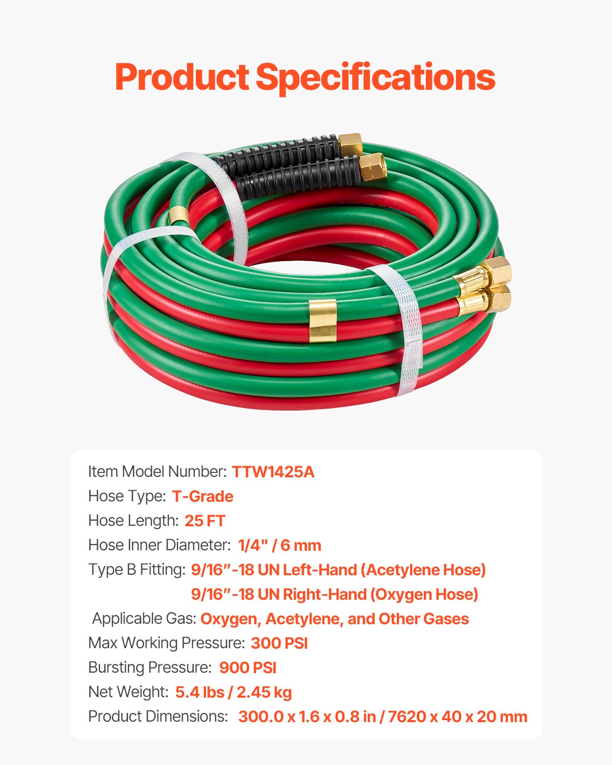 Oxygen Acetylene Hose, 1/4-Inch x 25FT Oxy Acetylene Hose with 9/16"-18 B Fitting, 300PSI T Grade Welding Cutting Torch Twin Hose, Compatible with Oxygen, Acetylene, Propane and Other Fuel Gases - Image 7