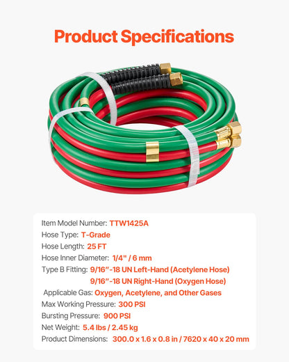 Oxygen Acetylene Hose, 1/4-Inch x 25FT Oxy Acetylene Hose with 9/16"-18 B Fitting, 300PSI T Grade Welding Cutting Torch Twin Hose, Compatible with Oxygen, Acetylene, Propane and Other Fuel Gases - Image 7