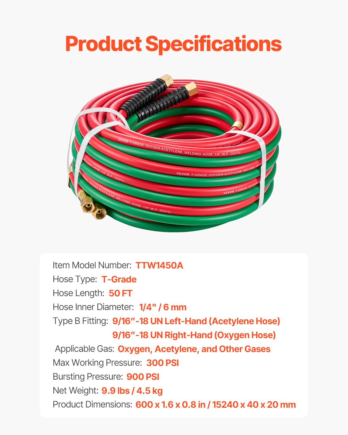 Oxygen Acetylene Hose 1/4-Inch x 50FT T Grade Hose 300PSI Max Working Pressure - Image 7