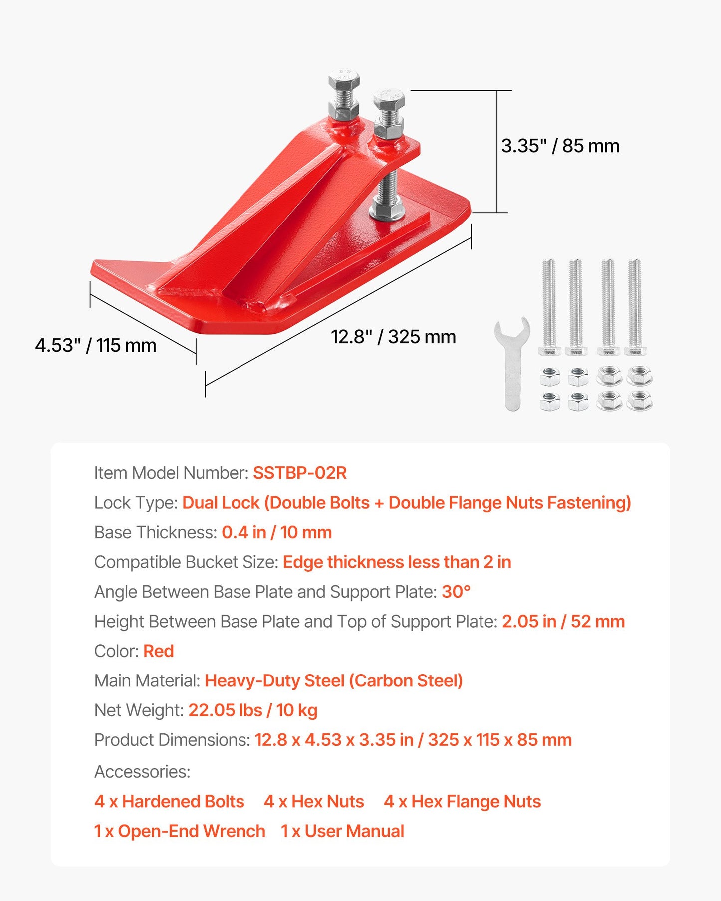 Tractor Bucket Protector, 2PCS Heavy Duty Steel Bucket Edge Protectors, Edge Tamer Anti-Skid Device with Double Hexagon Lock Nuts and Bolts, for Snow, Leave Removal & Spreading Gravel (Red) - Image 7