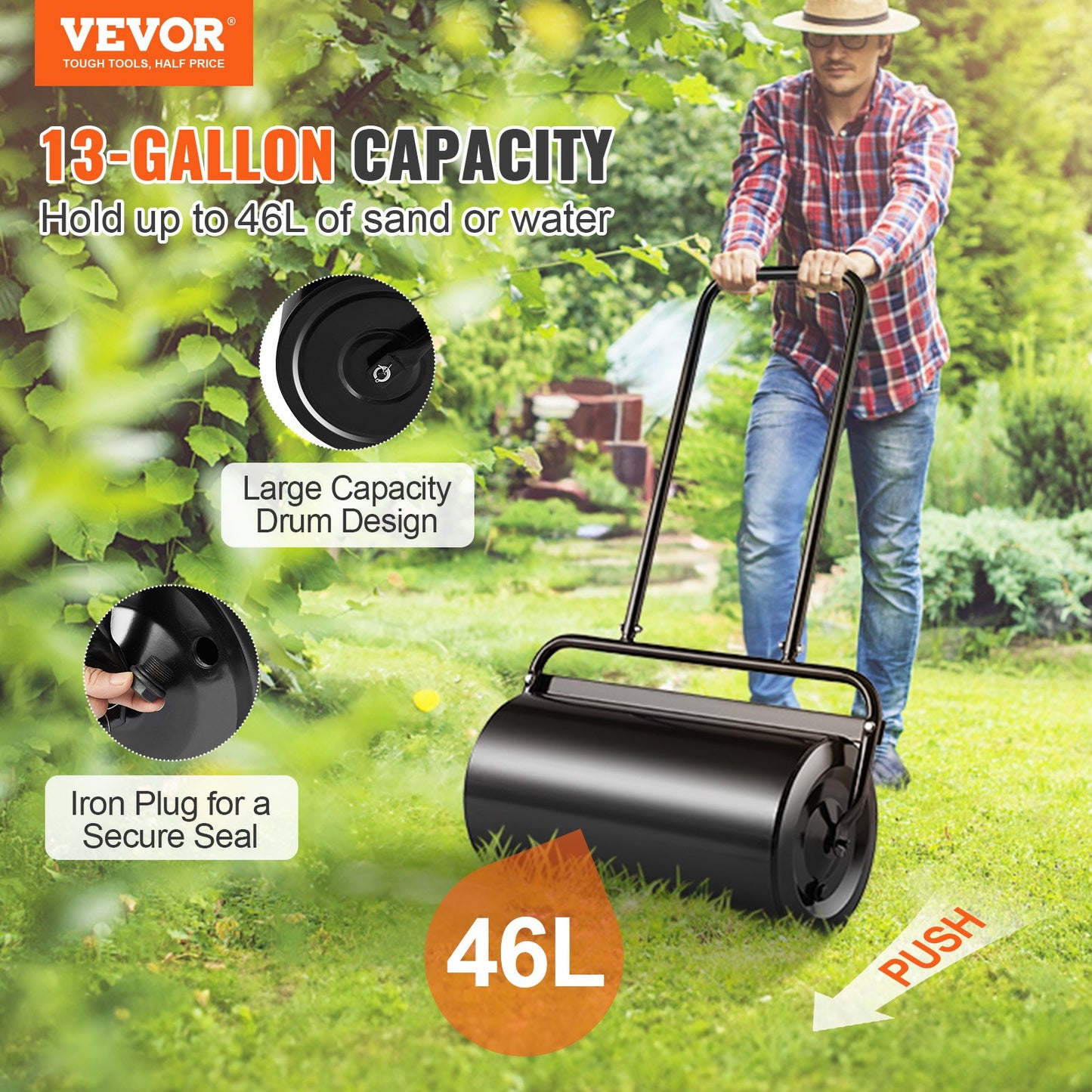 Lawn Roller, 13 Gallon 24Inch Sand/Water Filled Yard Roller, Steel Sod Roller with Easy-turn Plug and U-Shaped Ergonomic Handle for Convenient Push and Pull, for Lawn, Garden, Farm, Park, Black - Image 2
