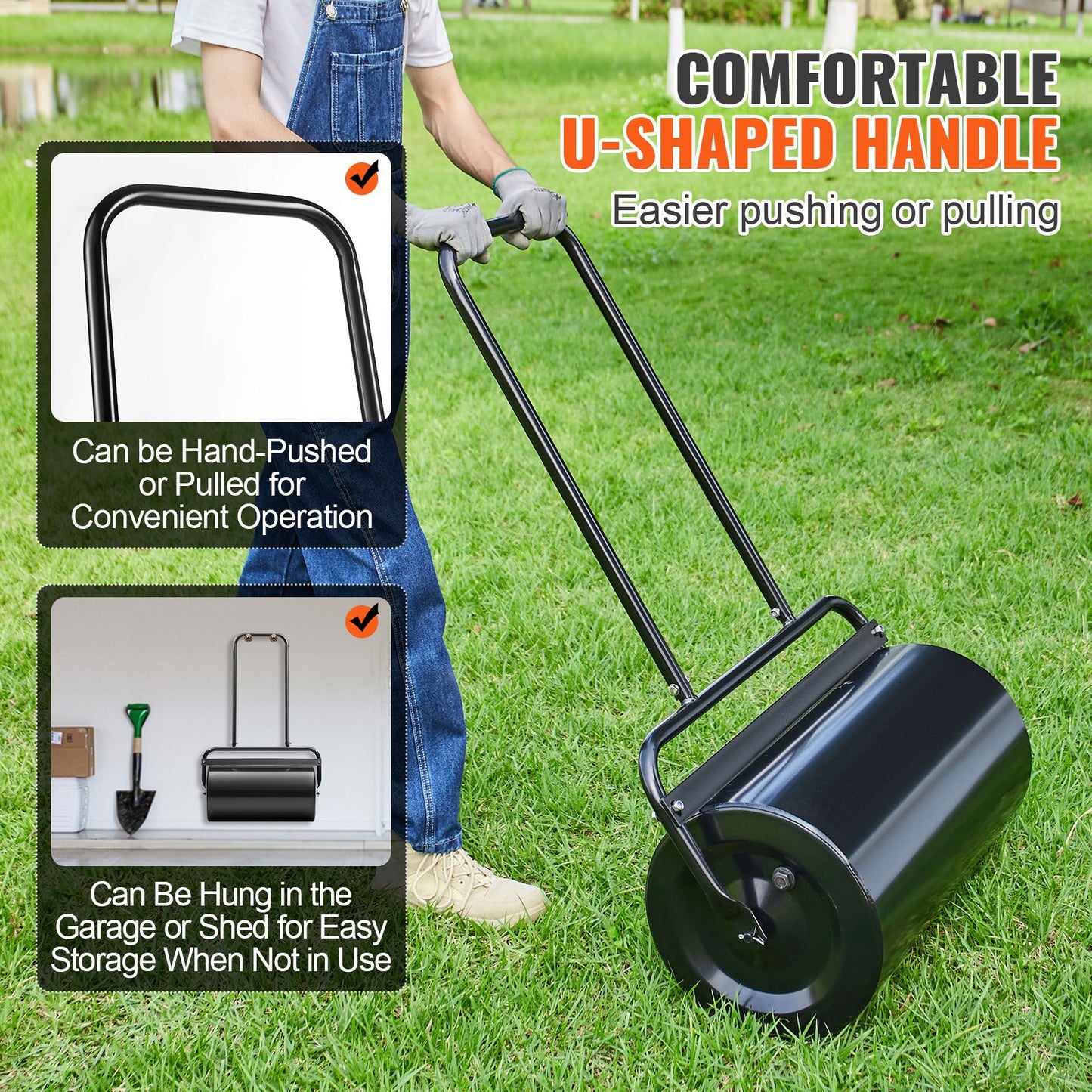 Lawn Roller, 13 Gallon 24Inch Sand/Water Filled Yard Roller, Steel Sod Roller with Easy-turn Plug and U-Shaped Ergonomic Handle for Convenient Push and Pull, for Lawn, Garden, Farm, Park, Black - Image 3