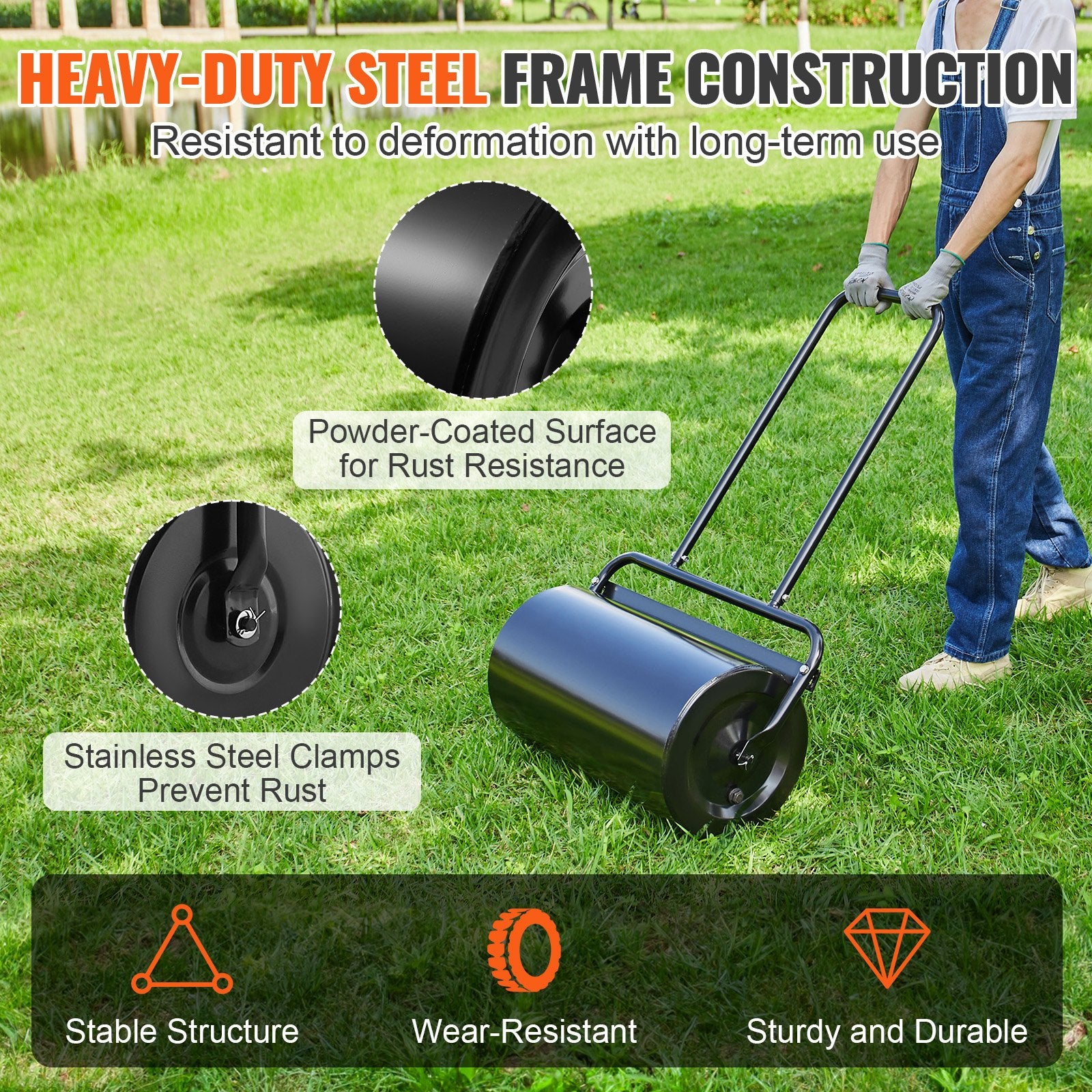 Lawn Roller, 13 Gallon 24Inch Sand/Water Filled Yard Roller, Steel Sod Roller with Easy-turn Plug and U-Shaped Ergonomic Handle for Convenient Push and Pull, for Lawn, Garden, Farm, Park, Black - Image 4