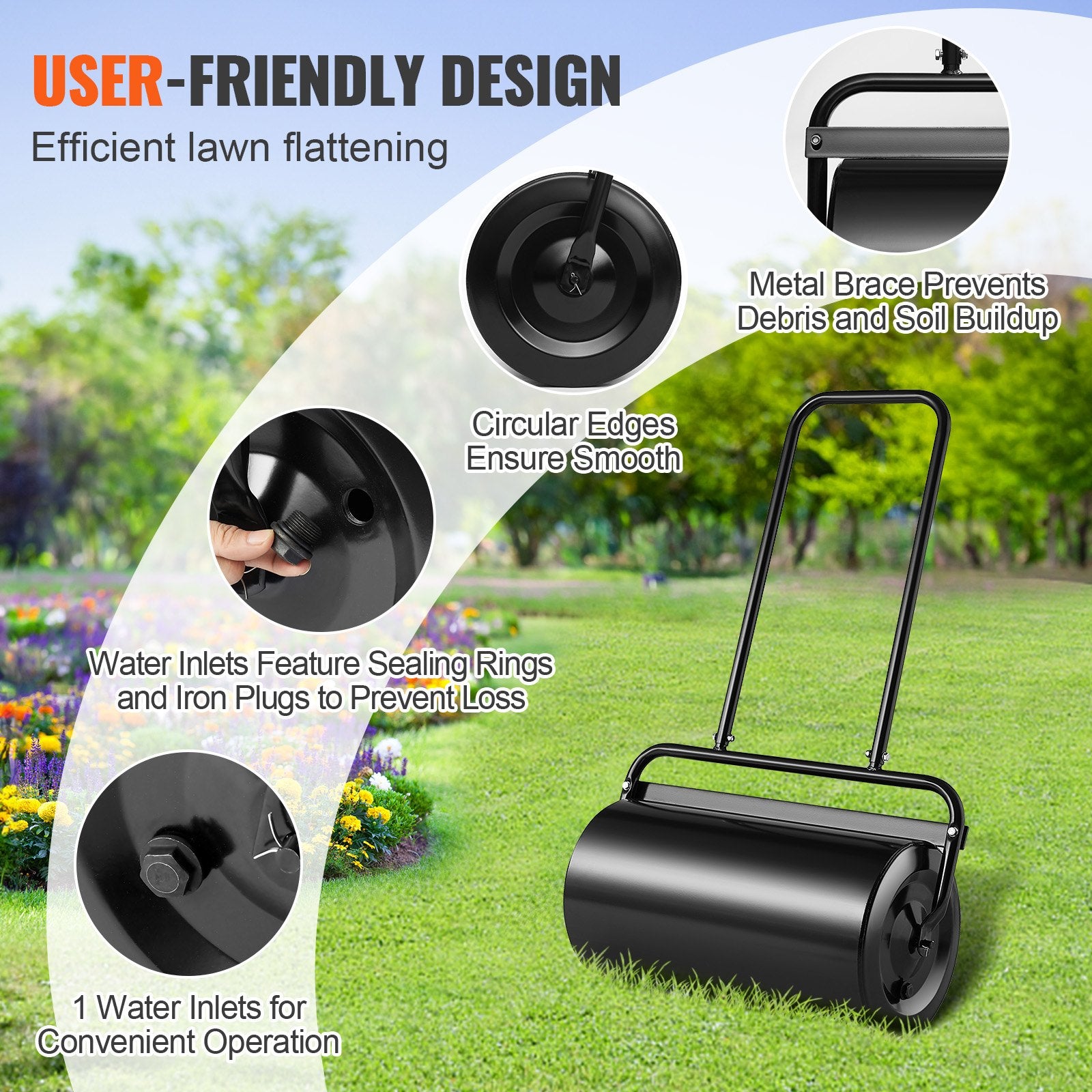 Lawn Roller, 13 Gallon 24Inch Sand/Water Filled Yard Roller, Steel Sod Roller with Easy-turn Plug and U-Shaped Ergonomic Handle for Convenient Push and Pull, for Lawn, Garden, Farm, Park, Black - Image 5
