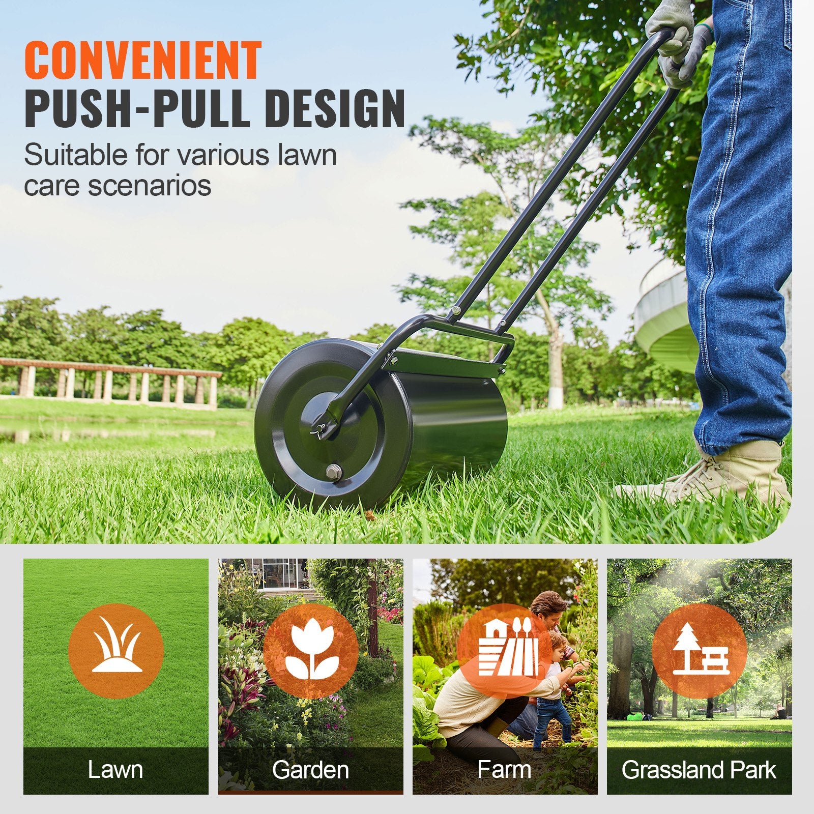 Lawn Roller, 13 Gallon 24Inch Sand/Water Filled Yard Roller, Steel Sod Roller with Easy-turn Plug and U-Shaped Ergonomic Handle for Convenient Push and Pull, for Lawn, Garden, Farm, Park, Black - Image 6