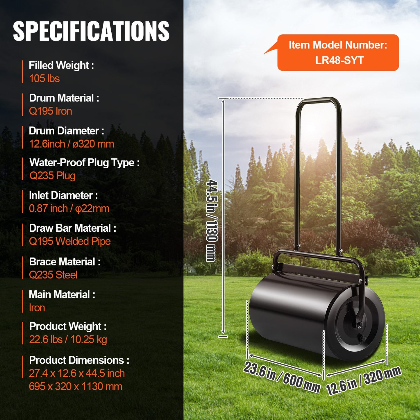 Lawn Roller, 13 Gallon 24Inch Sand/Water Filled Yard Roller, Steel Sod Roller with Easy-turn Plug and U-Shaped Ergonomic Handle for Convenient Push and Pull, for Lawn, Garden, Farm, Park, Black - Image 7