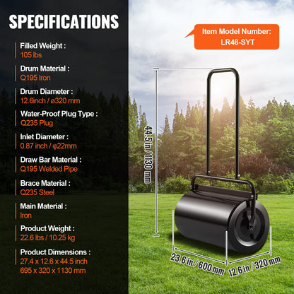 Lawn Roller, 13 Gallon 24Inch Sand/Water Filled Yard Roller, Steel Sod Roller with Easy-turn Plug and U-Shaped Ergonomic Handle for Convenient Push and Pull, for Lawn, Garden, Farm, Park, Black - Image 7