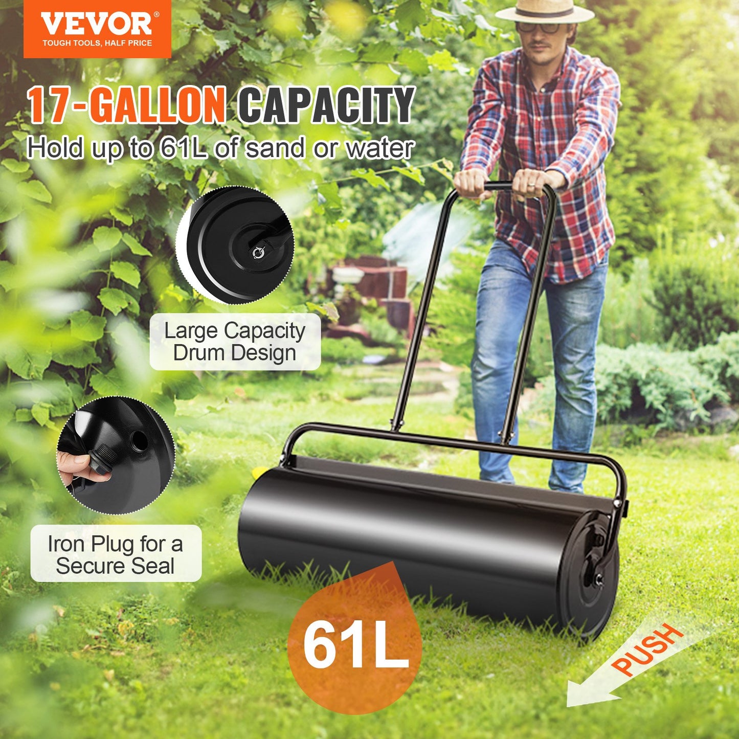 Lawn Roller, 17 Gallon 36 Inch Sand/Water Filled Yard Roller, Steel Sod Roller with Easy-turn Plug and U-Shaped Ergonomic Handle for Convenient Push and Pull, for Lawn, Garden, Farm, Park, Black - Image 2