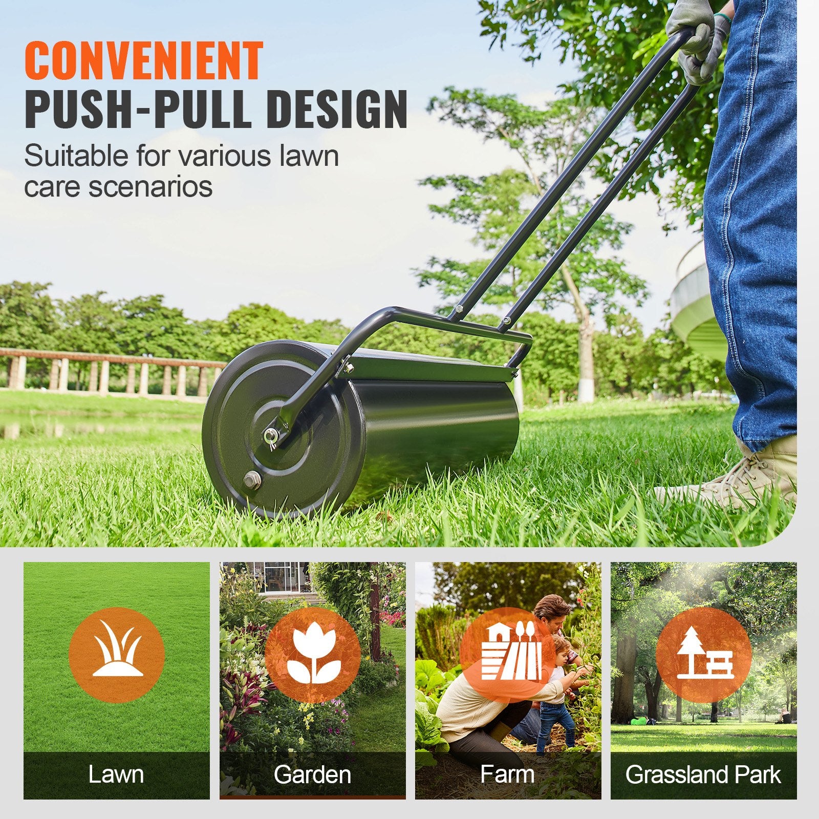 Lawn Roller, 17 Gallon 36 Inch Sand/Water Filled Yard Roller, Steel Sod Roller with Easy-turn Plug and U-Shaped Ergonomic Handle for Convenient Push and Pull, for Lawn, Garden, Farm, Park, Black - Image 6