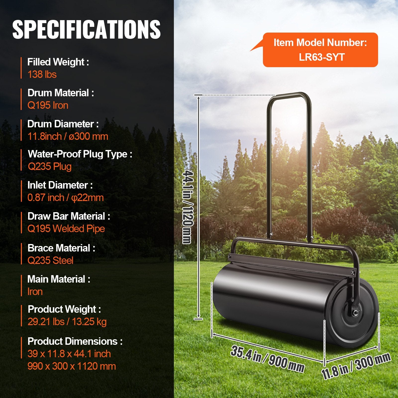 Lawn Roller, 17 Gallon 36 Inch Sand/Water Filled Yard Roller, Steel Sod Roller with Easy-turn Plug and U-Shaped Ergonomic Handle for Convenient Push and Pull, for Lawn, Garden, Farm, Park, Black - Image 7