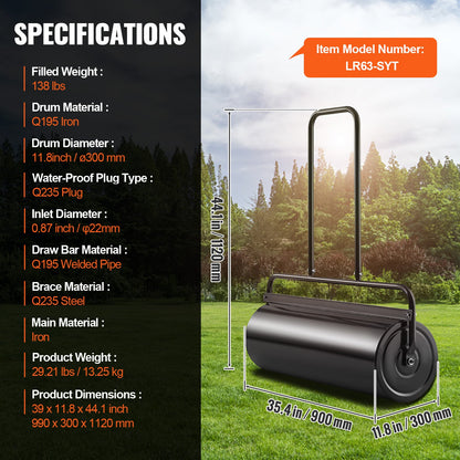 Lawn Roller, 17 Gallon 36 Inch Sand/Water Filled Yard Roller, Steel Sod Roller with Easy-turn Plug and U-Shaped Ergonomic Handle for Convenient Push and Pull, for Lawn, Garden, Farm, Park, Black - Image 7