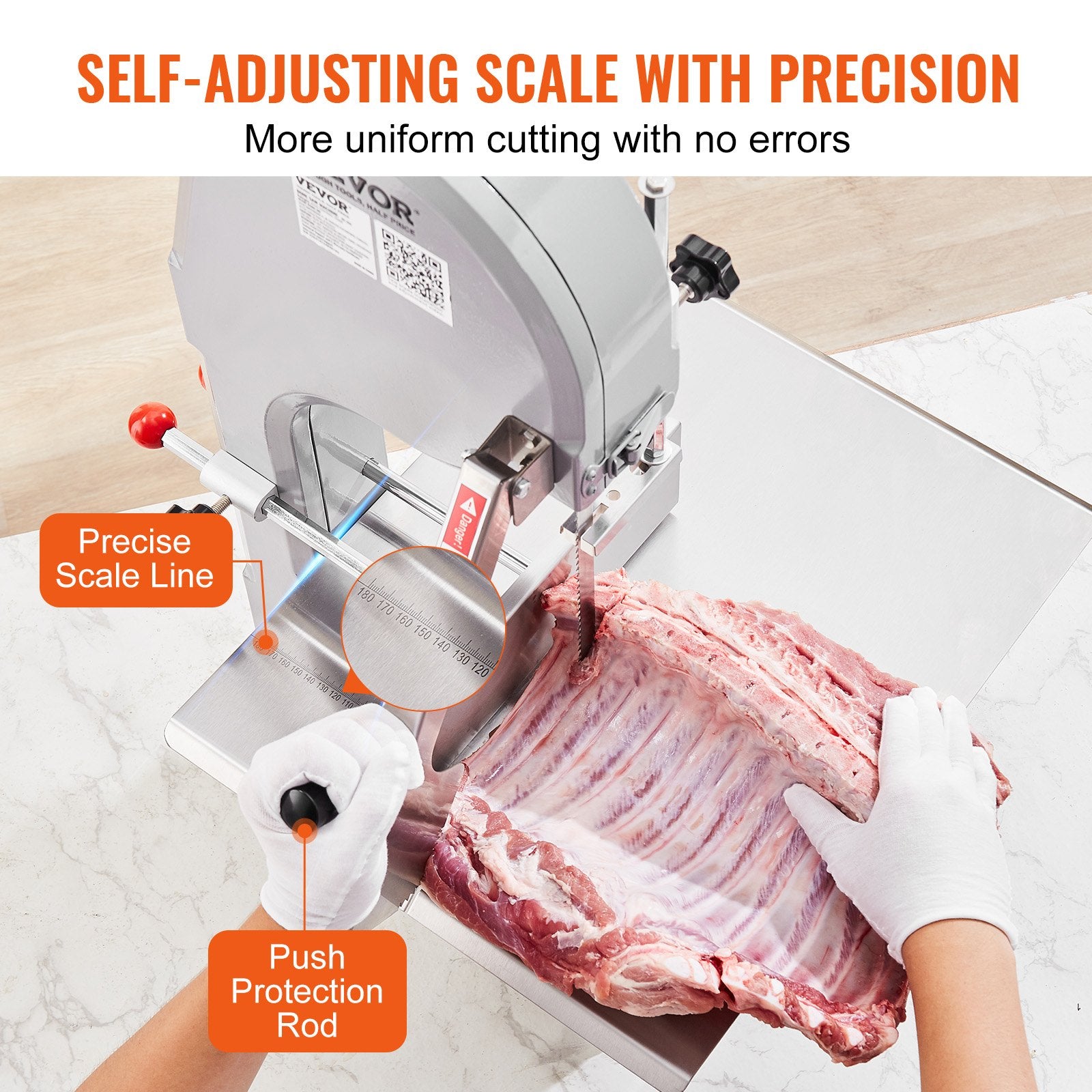 Commercial Electric Meat Bandsaw, 1500W Stainless Steel Countertop Bone Sawing Machine, Workbeach 19.3" x 15", 0.16-7.9 Inch Cutting Thickness, Frozen Meat Cutter with 6 Blades for Rib Pork Beef - Image 4
