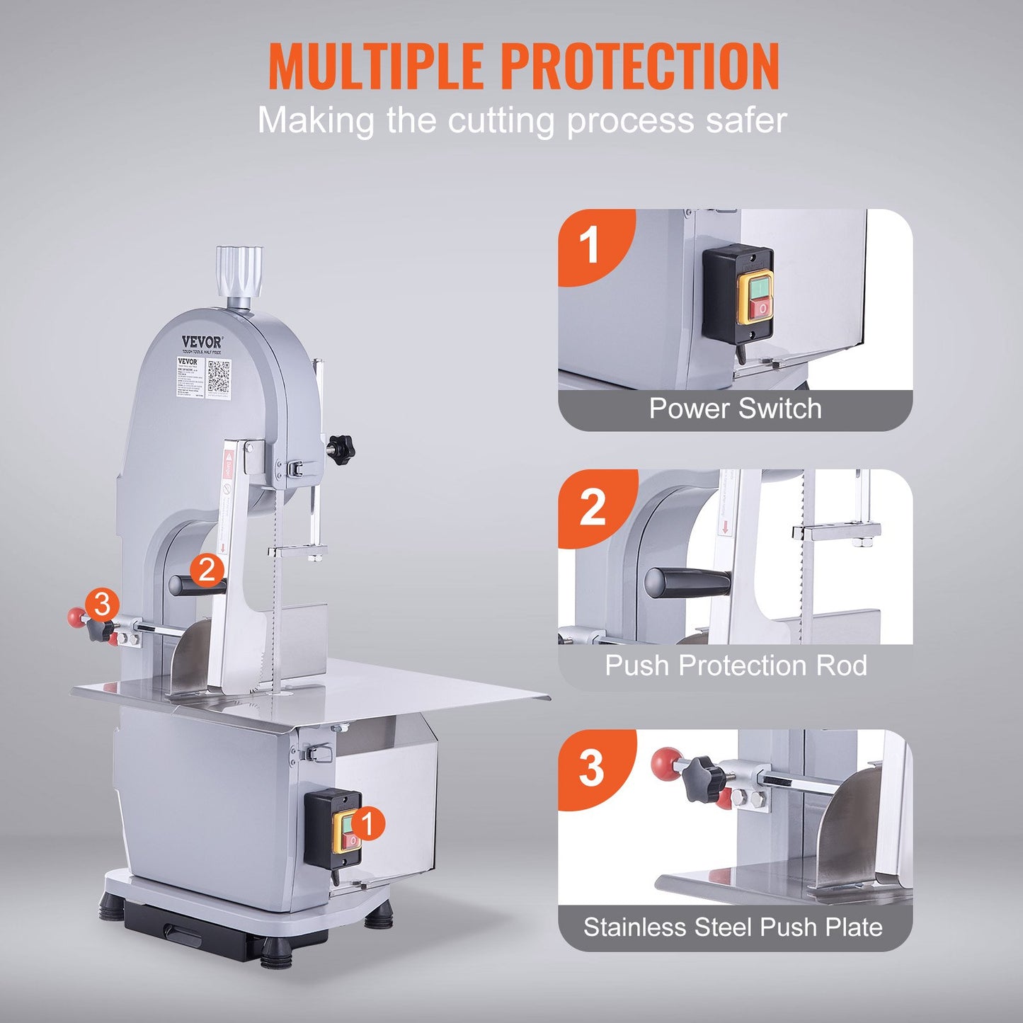 Commercial Electric Meat Bandsaw, 1500W Stainless Steel Countertop Bone Sawing Machine, Workbeach 19.3" x 15", 0.16-7.9 Inch Cutting Thickness, Frozen Meat Cutter with 6 Blades for Rib Pork Beef - Image 6