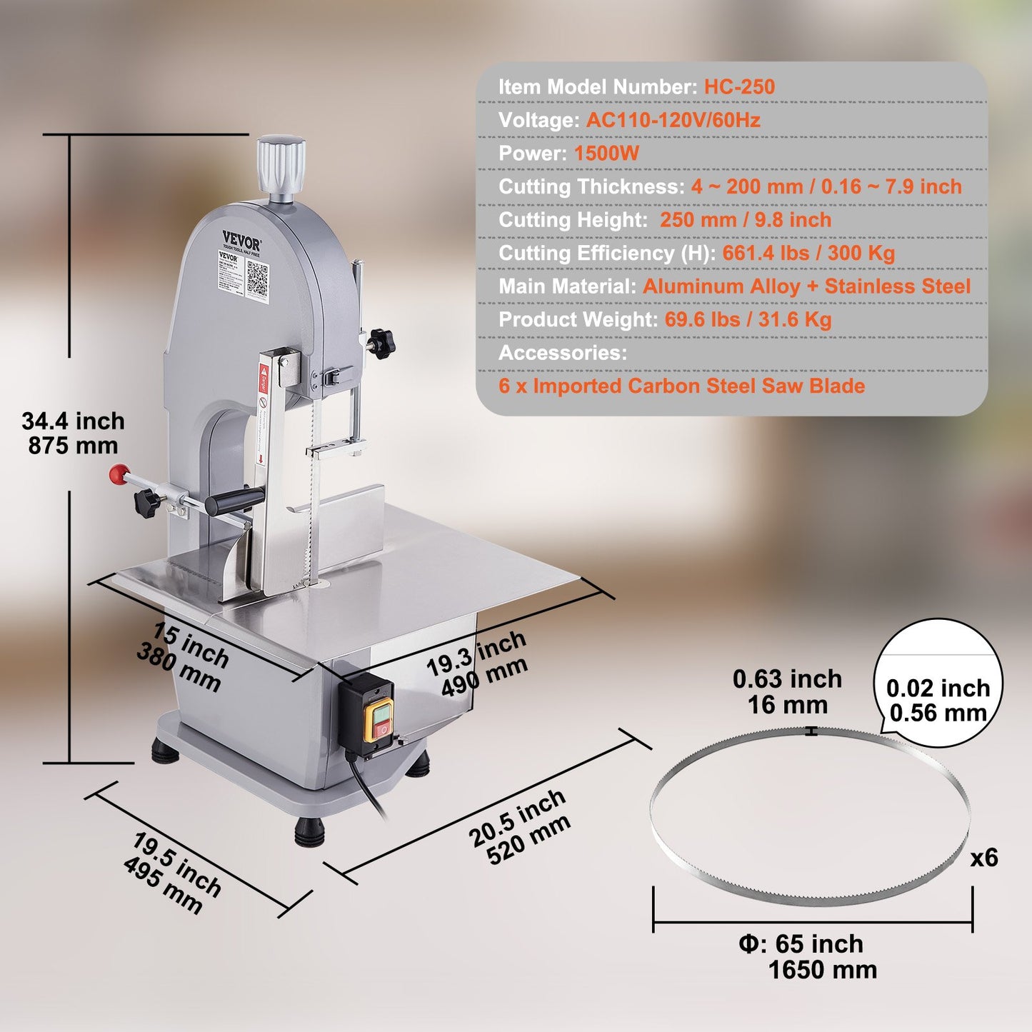 Commercial Electric Meat Bandsaw, 1500W Stainless Steel Countertop Bone Sawing Machine, Workbeach 19.3" x 15", 0.16-7.9 Inch Cutting Thickness, Frozen Meat Cutter with 6 Blades for Rib Pork Beef - Image 7