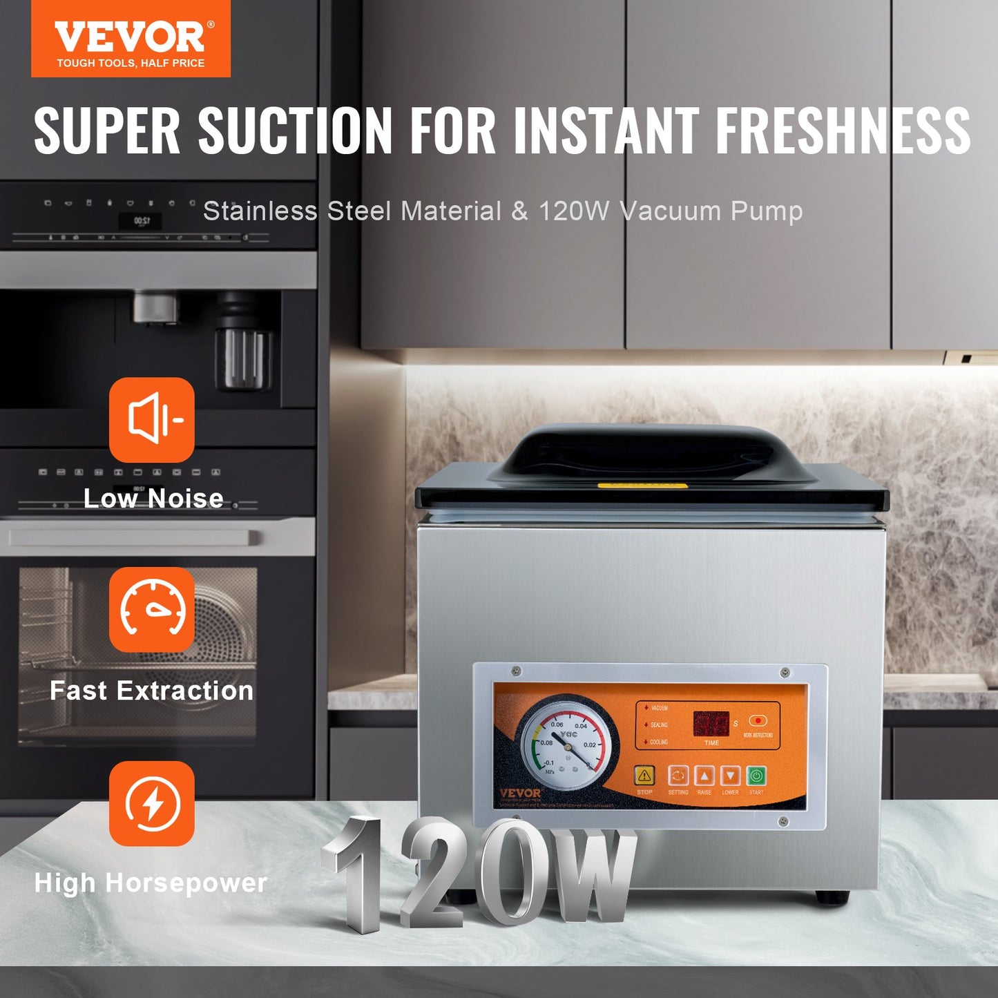 Chamber Vacuum Sealer, 260W Sealing Power, Vacuum Packing Machine for Wet Foods, Meats, Marinades and More, Compact Size with 260 mm Sealing Length, Applied in Home Kitchen and Commercial Use - Image 2