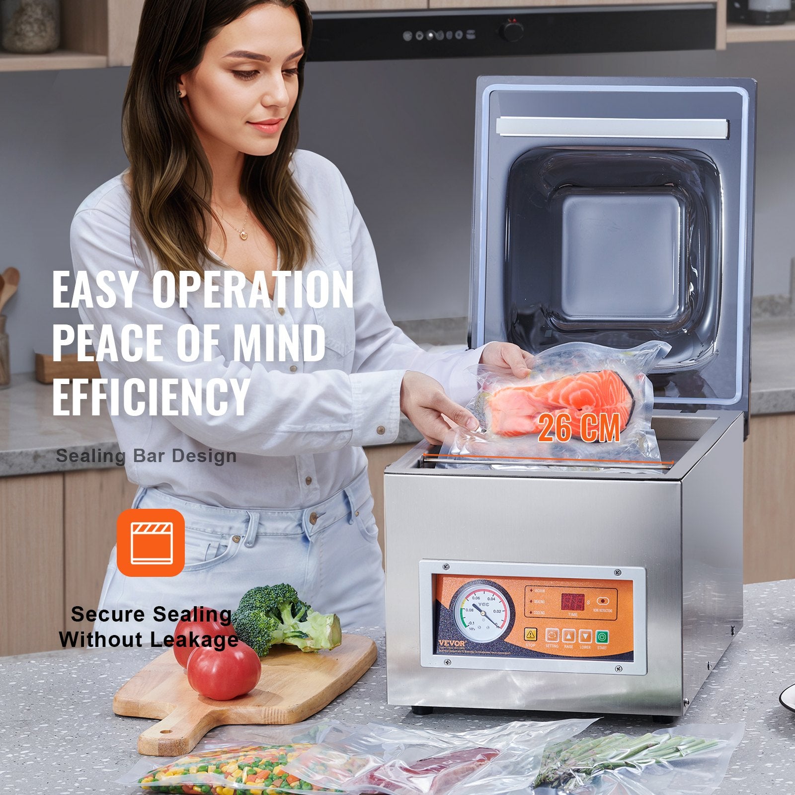 Chamber Vacuum Sealer, 260W Sealing Power, Vacuum Packing Machine for Wet Foods, Meats, Marinades and More, Compact Size with 260 mm Sealing Length, Applied in Home Kitchen and Commercial Use - Image 4
