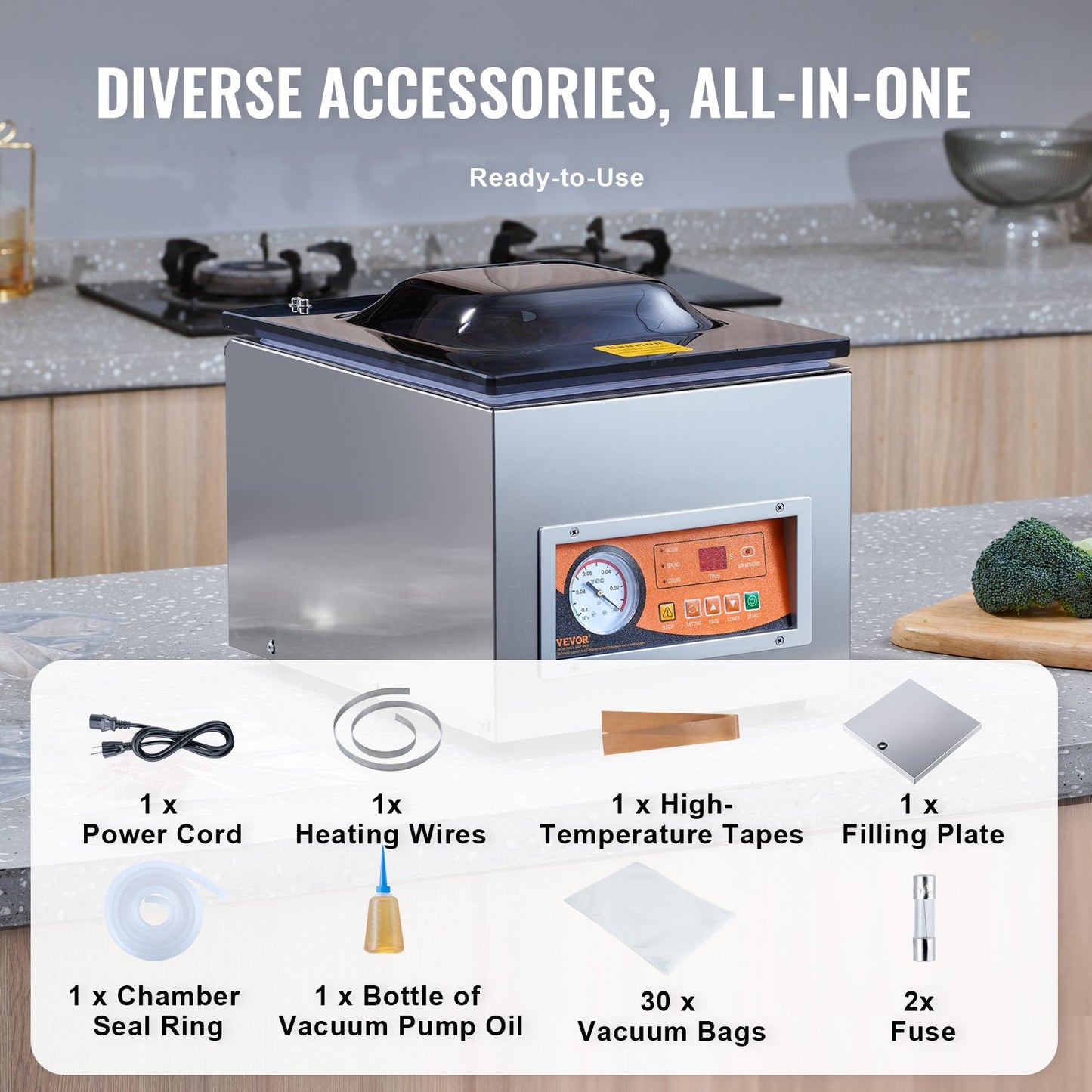 Chamber Vacuum Sealer, 260W Sealing Power, Vacuum Packing Machine for Wet Foods, Meats, Marinades and More, Compact Size with 260 mm Sealing Length, Applied in Home Kitchen and Commercial Use - Image 5
