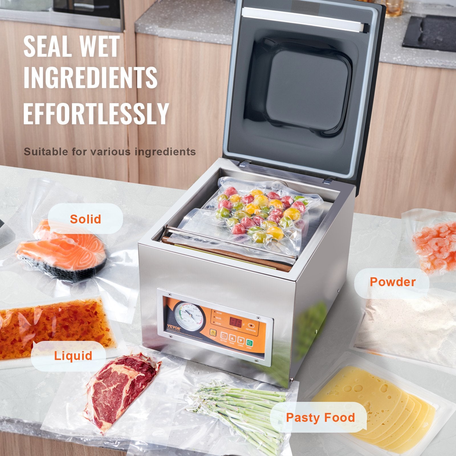 Chamber Vacuum Sealer, 260W Sealing Power, Vacuum Packing Machine for Wet Foods, Meats, Marinades and More, Compact Size with 260 mm Sealing Length, Applied in Home Kitchen and Commercial Use - Image 6