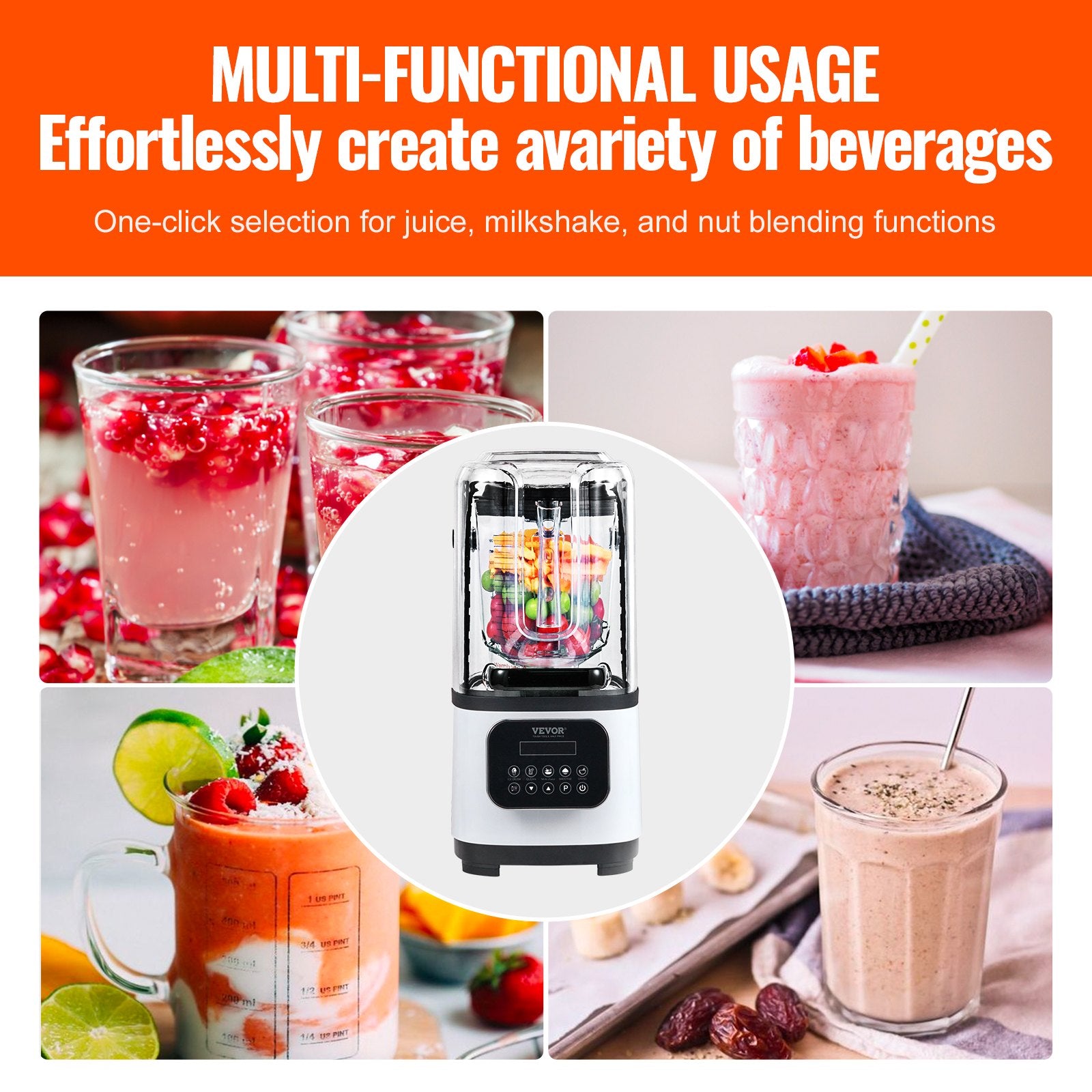 Professional Blender with Shield, Commercial Countertop Blenders, 2L Jar Blender Combo, Stainless Steel 9 Speed & 5 Functions Blender, for Shakes, Smoothies, Peree, and Crush Ice, White - Image 3