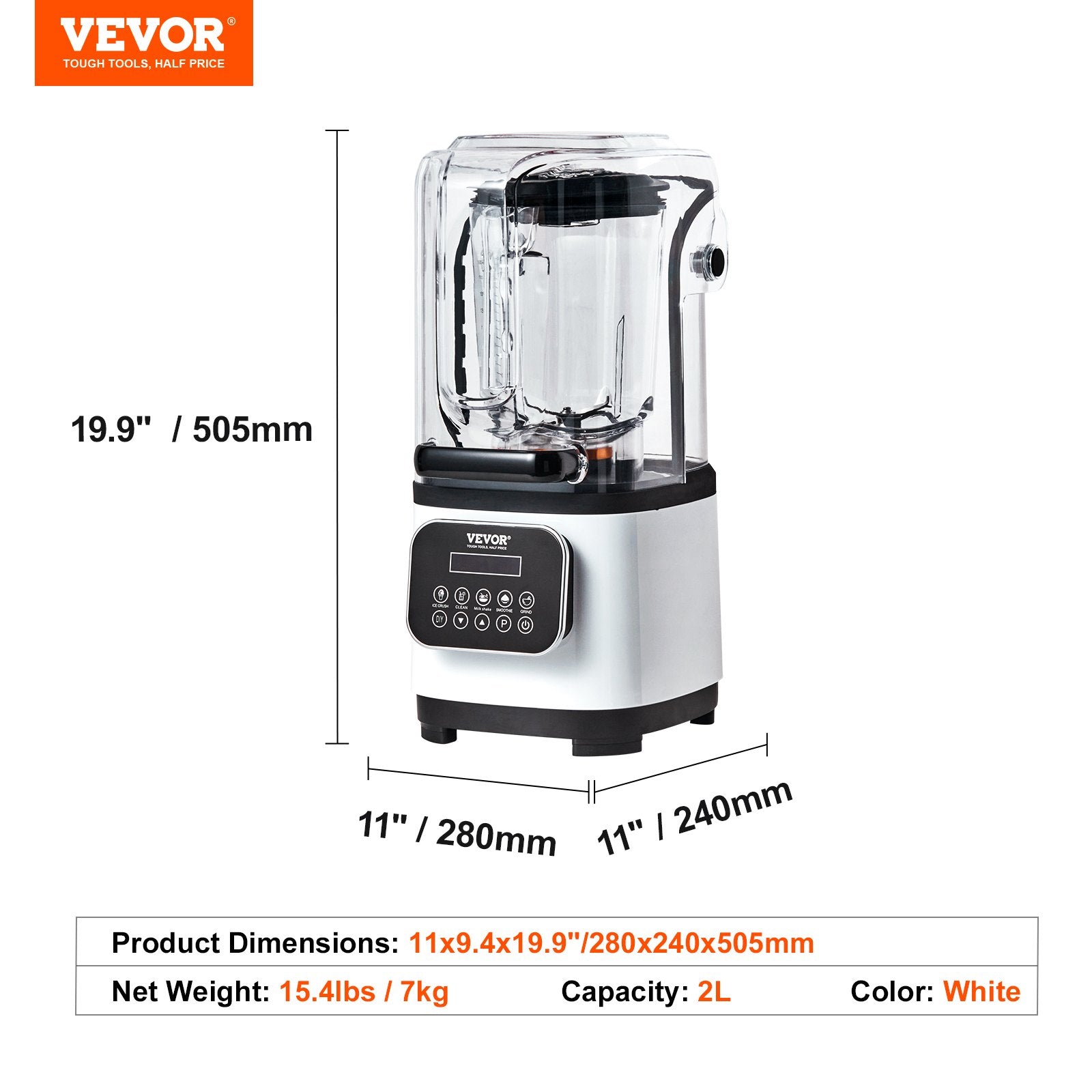 Professional Blender with Shield, Commercial Countertop Blenders, 2L Jar Blender Combo, Stainless Steel 9 Speed & 5 Functions Blender, for Shakes, Smoothies, Peree, and Crush Ice, White - Image 7